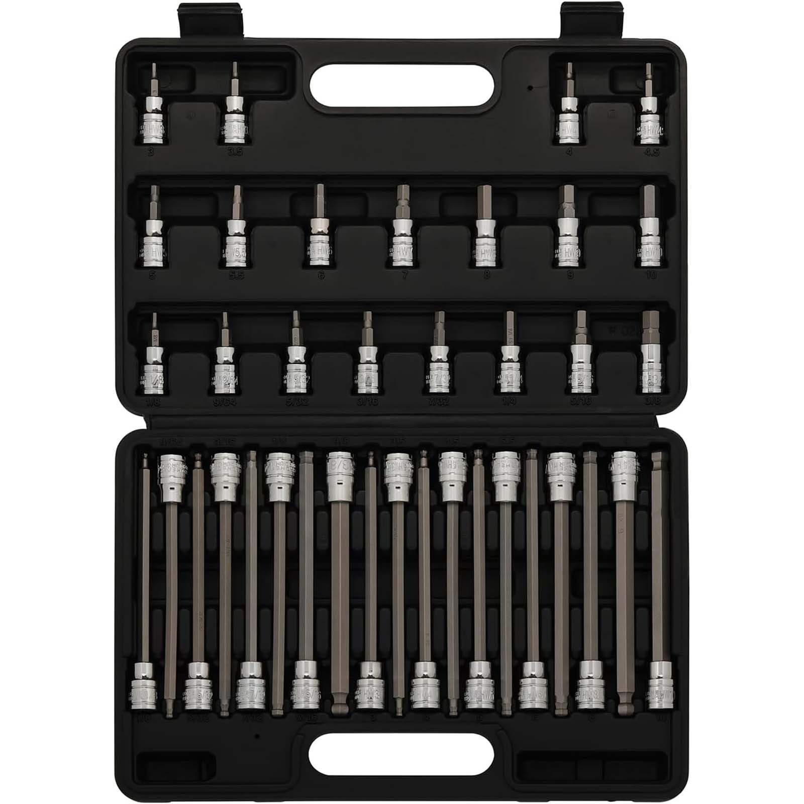 38PCS 3/8″ Drive Hex Bit Socket Set CR-V S2 Steel SAE/Metric Extra Long Ball-End
