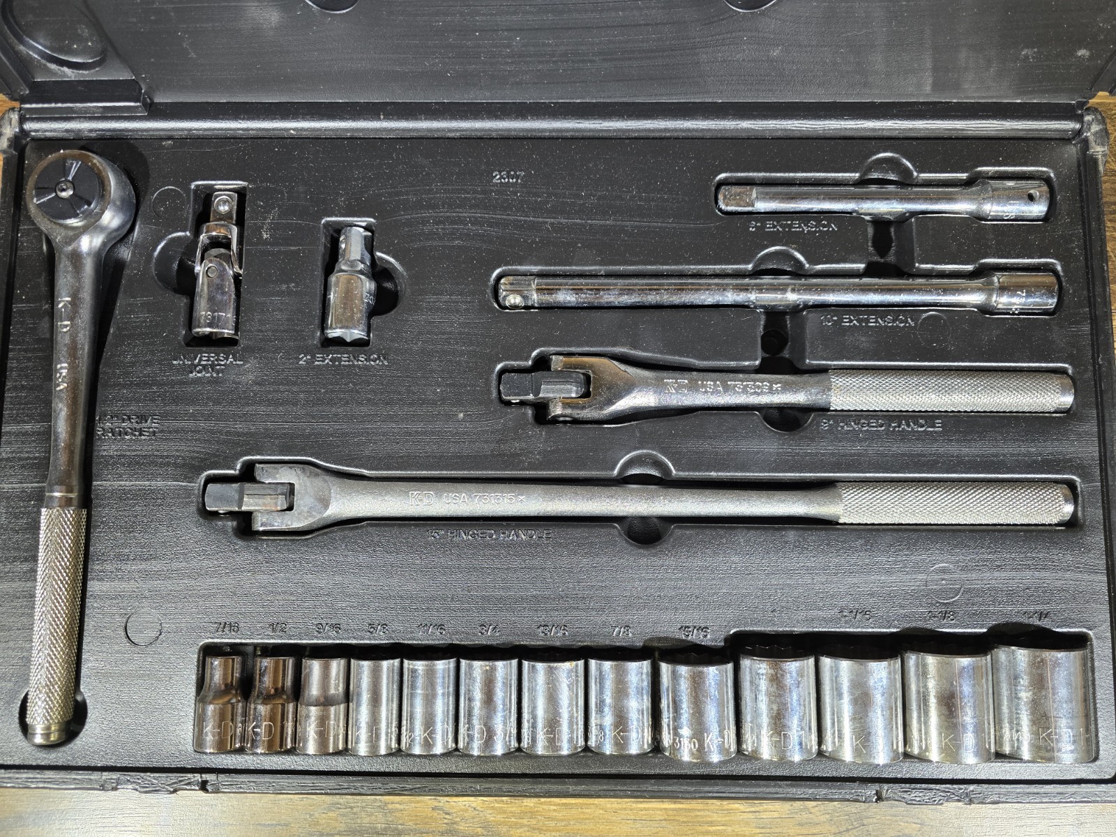 K-D Tools USA 1/2″ Drive Socket Set w/ Ratchet, Extensions, Hinged Handle | 20pc