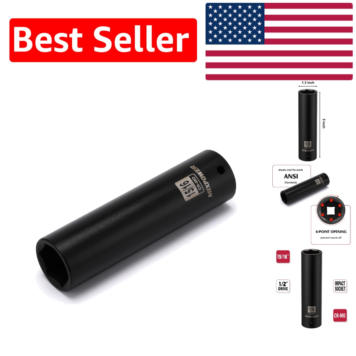 1/2» Drive High-Torque 15/16 Inch Deep Impact Socket – ANSI Compliant Socket