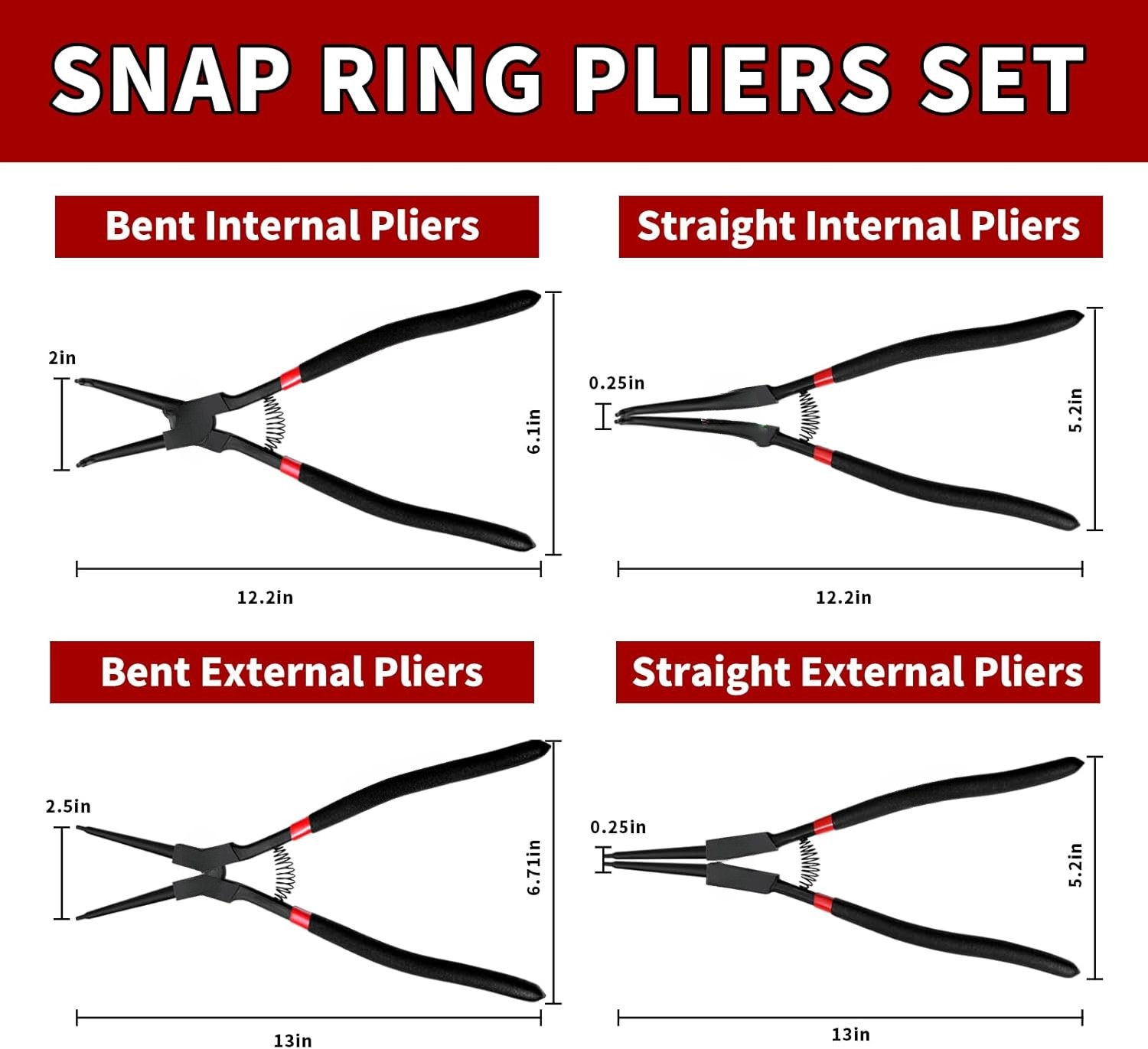 Heavy Duty Circlip Plier Set, 4PCS – 13 Inch Inside/Outside Circlip Plier Kit