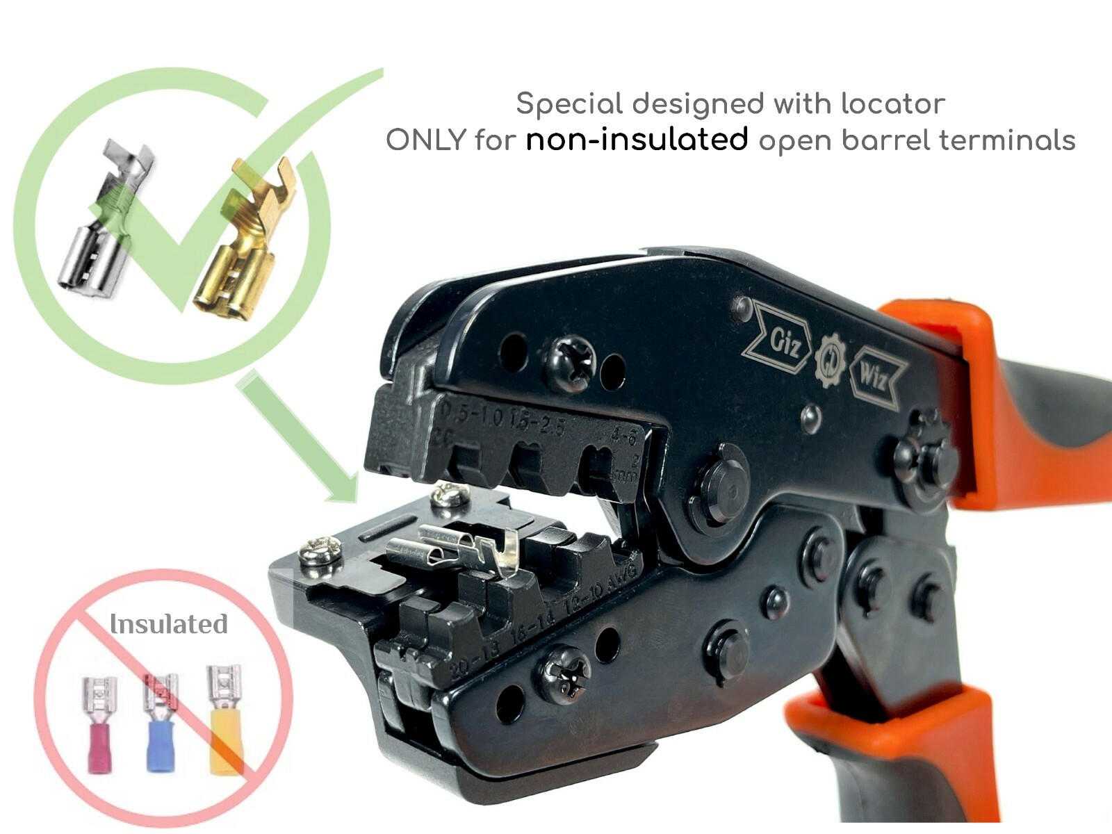 GIZWIZ Non-insulated Open Barrel Wire Terminal Crimp Tool With Tab Locator