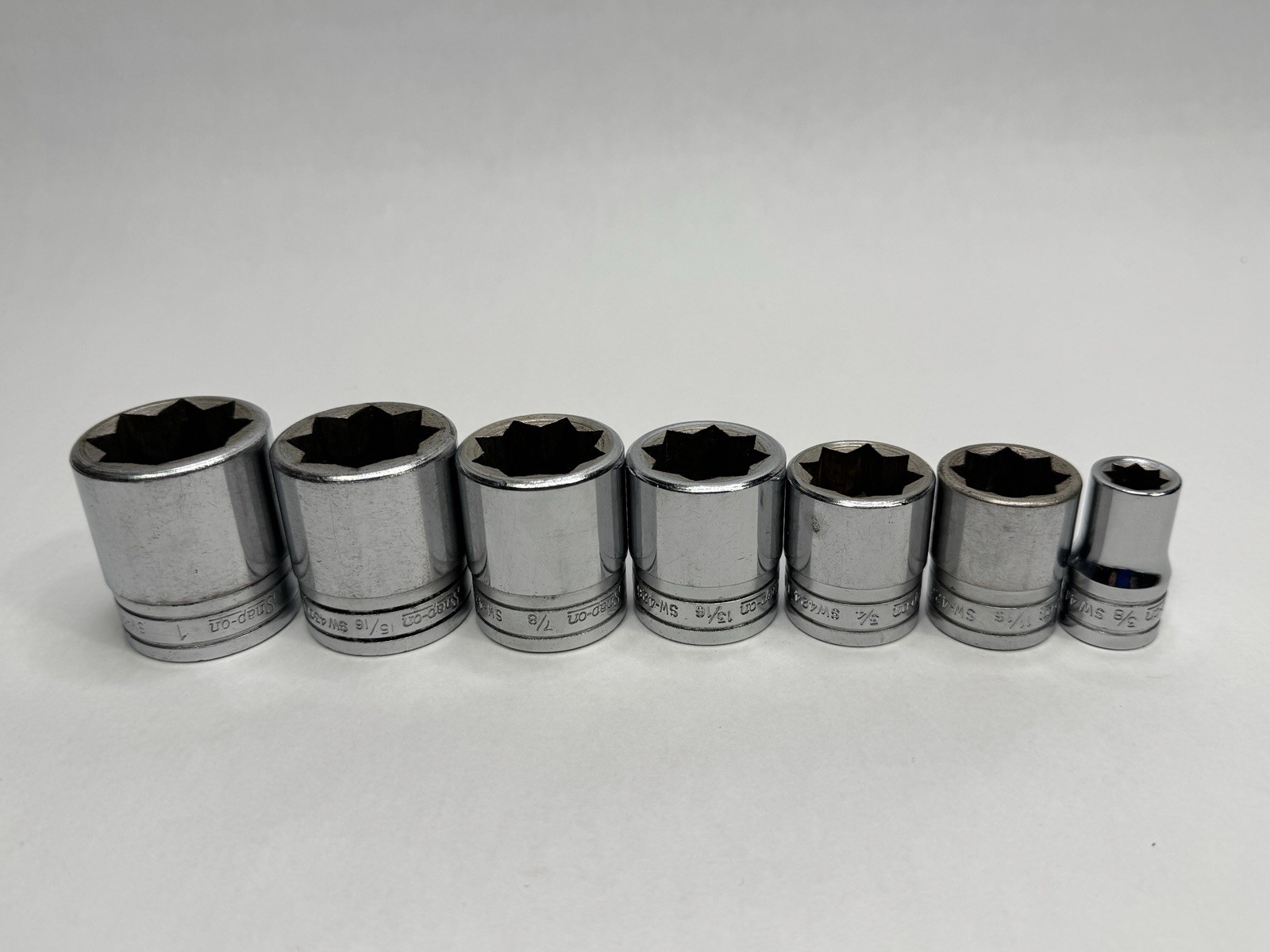Vintage Snap-on 1/2” Drive 8 Point SAE Socket Lot 7 USA 3/8”-1” SW Series SQUARE