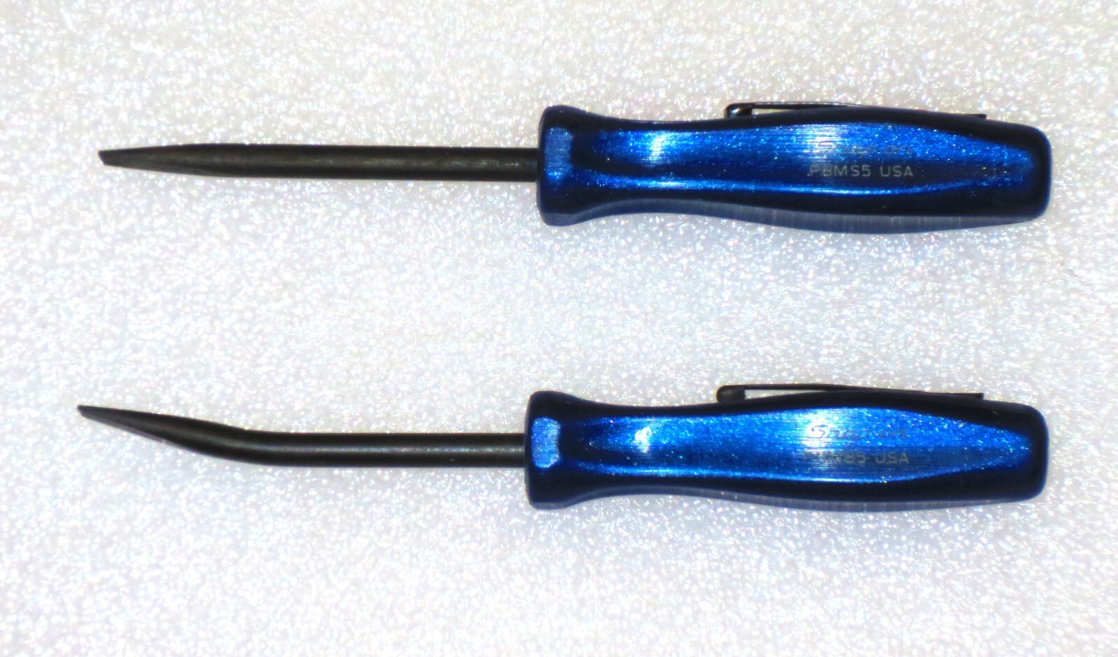 *NEW* Snap-On POCKET PRY BAR SET~ BENT & STRAIGHT *BLUE HARD HANDLES* PBMB5, 5″