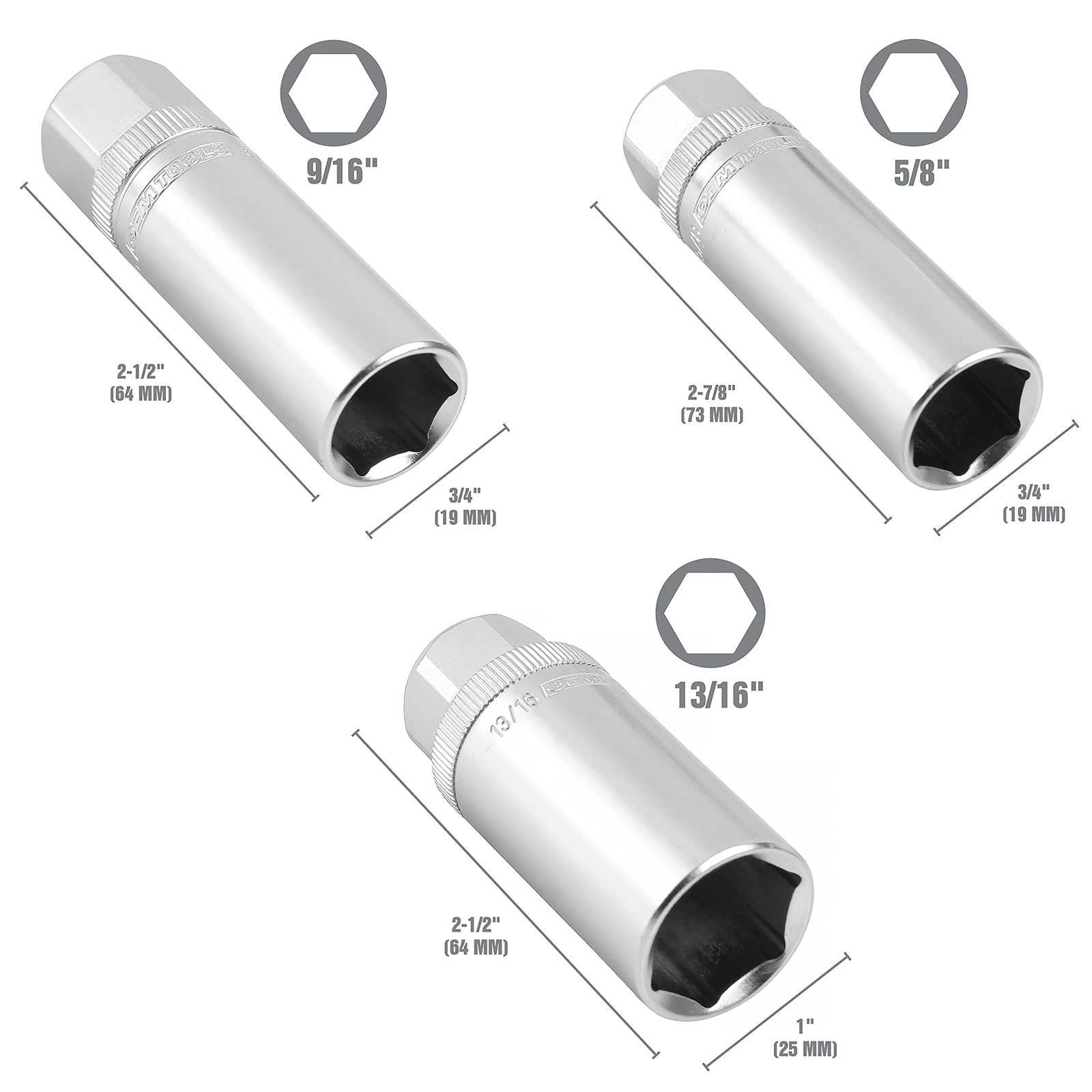 OEMTOOLS 22891 3/8 Drive Magnetic Spark Plug Socket Set, 3 Piece Multi
