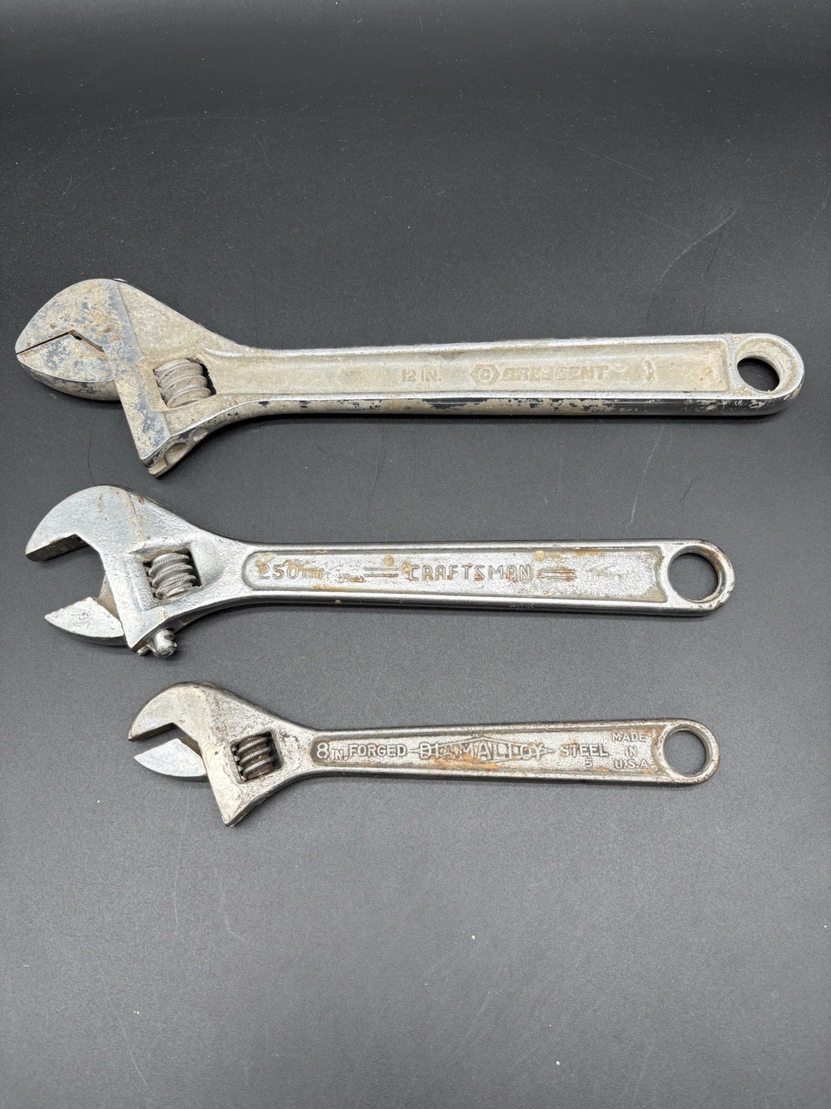 Vintage Adjustable Wrenches Lot 3 pc Crescent Craftsman Diamond Calk 8-12″ USA