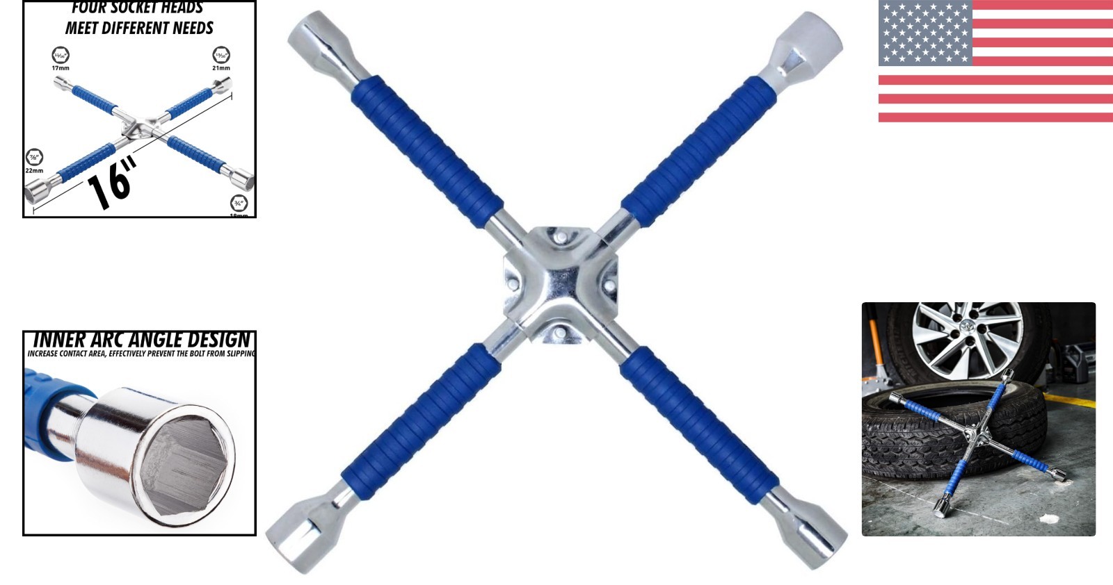 16 Inch Heavy Duty 4-Way Lug Wrench with Non-Slip Grip – Ideal for SUVs & Vans
