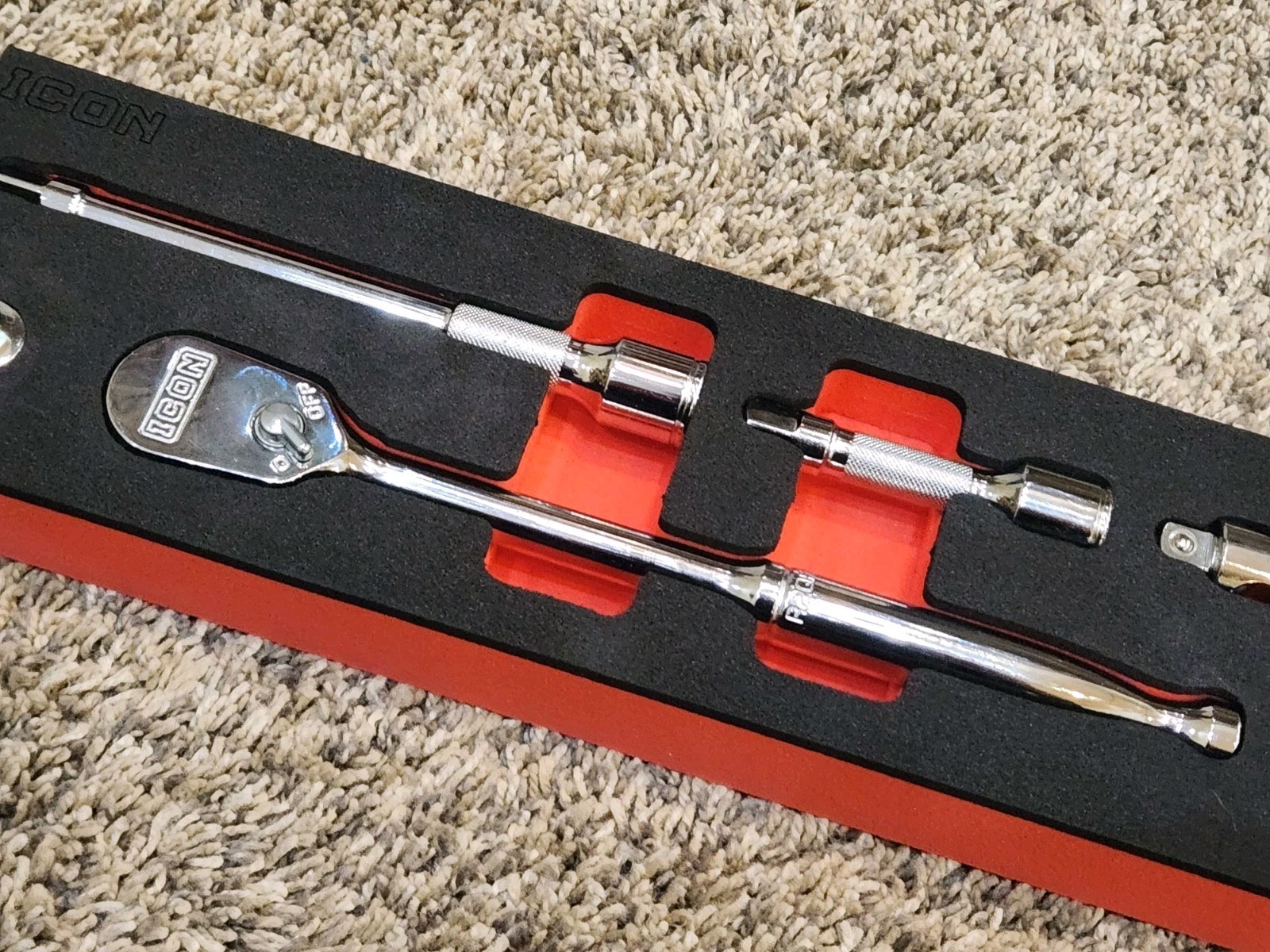 ICON 3/8″ Quick Release Ratchet Extension Swivel Head Set w FOAM New