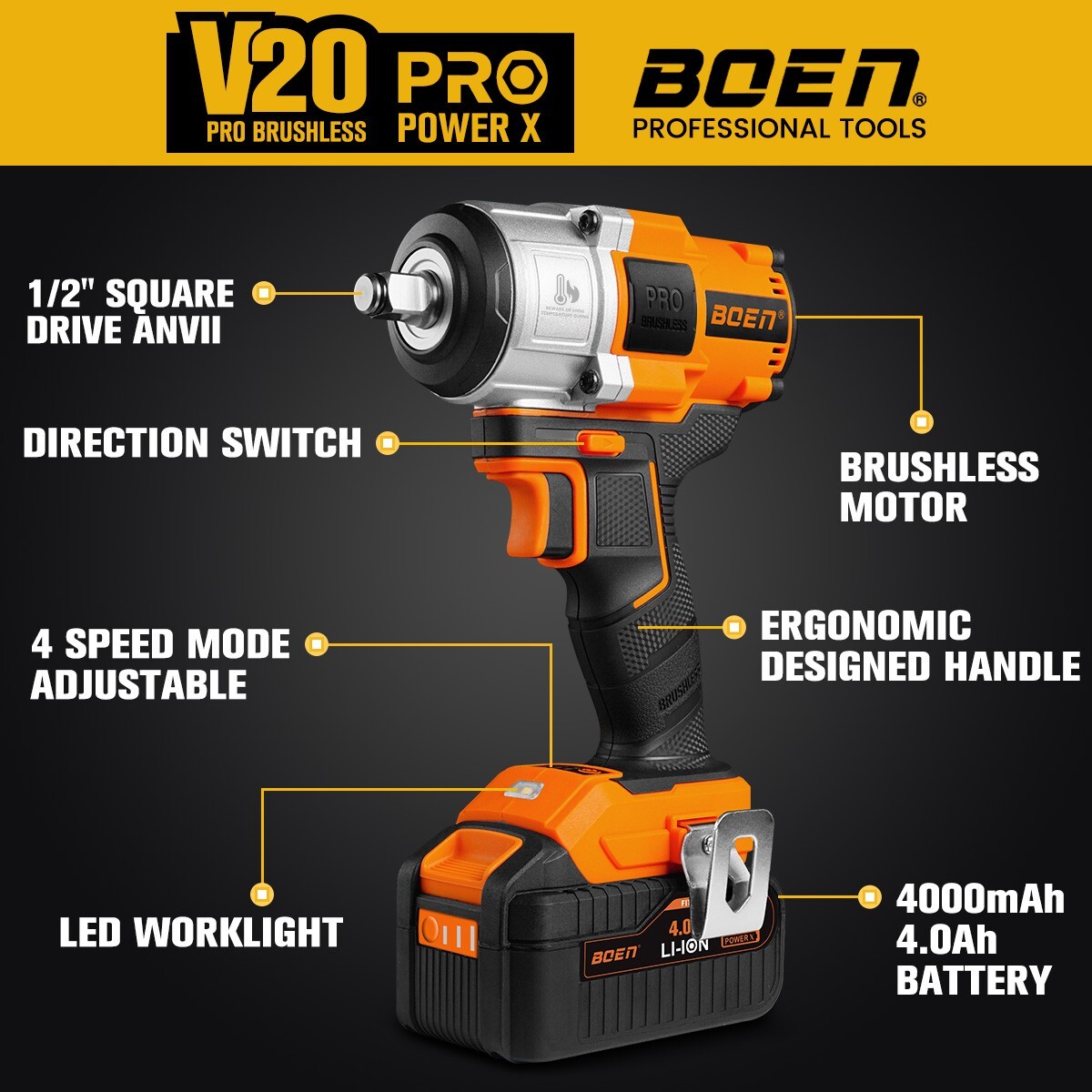 Boen Impact Wrench 1/2 Inch Brushless Electric, With 8 PCS Socket Adapter set，75