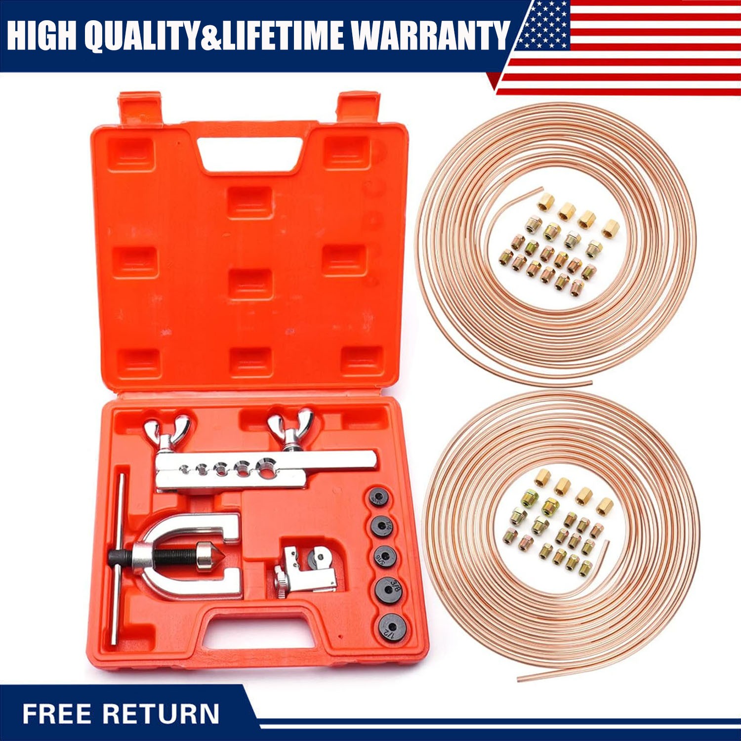Heavy Duty 25ft 3/16 + 1/4 Copper Coated Brake Line & Double Single Flaring Tool