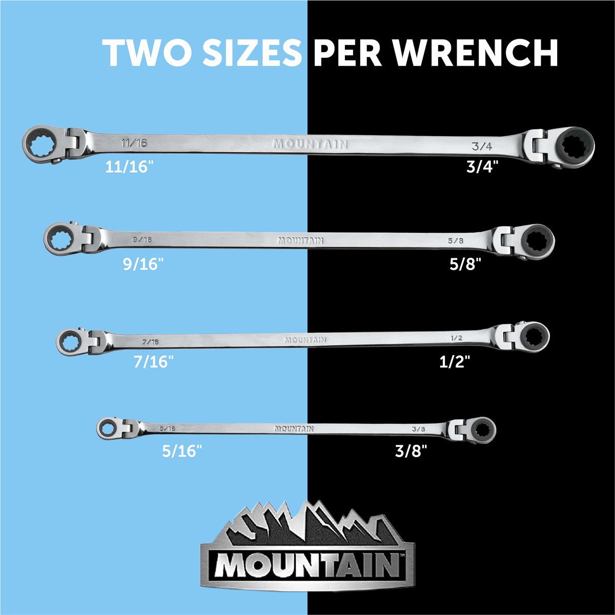 Mountain RF7 Extra Long Flexible Ratcheting Wrench Set 90 Tooth with Tray