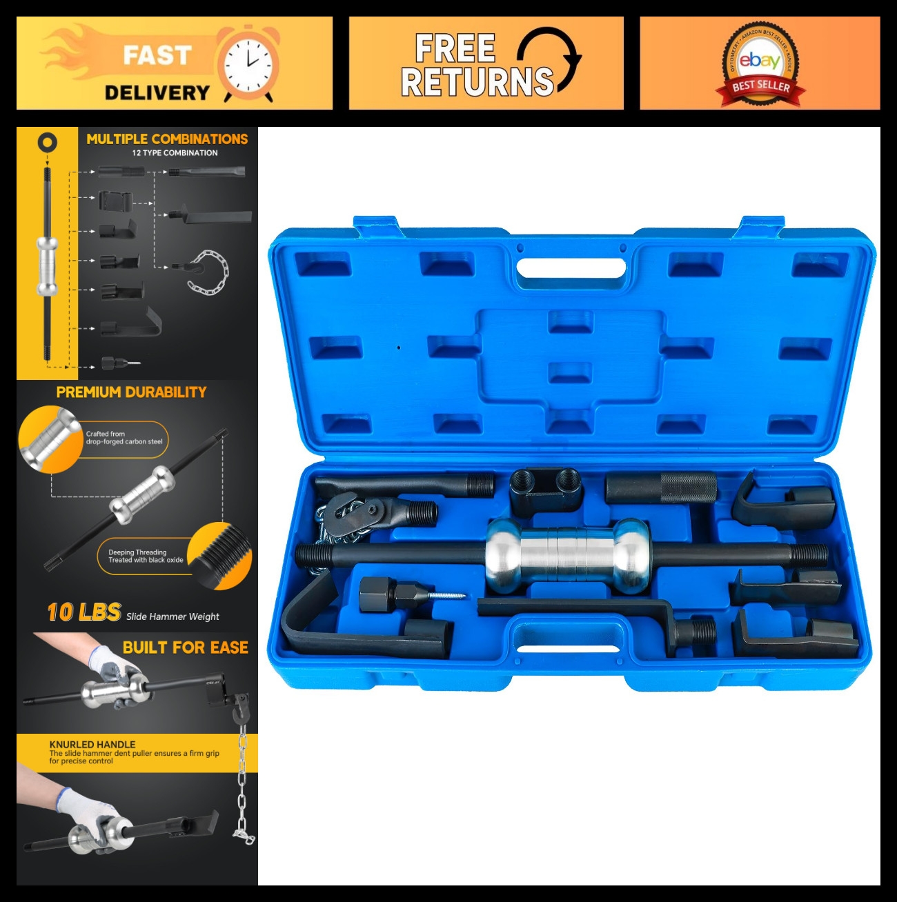 13pcs Heavy Duty Slide Hammer Dent Puller Set – 10lbs Auto Body Repair Kit, Car