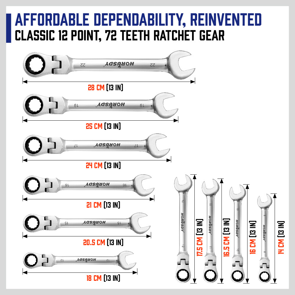 10pcs Flex-Head Ratcheting Combination Wrench Set 8-22mm Duo Metric Portable Bag