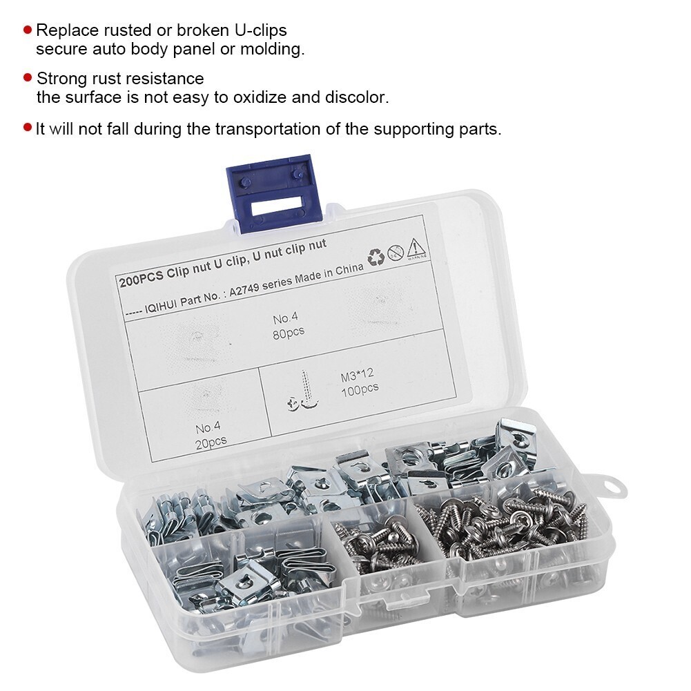 200pcs/set Manganese Steel U‑Clips with Self Tapping Screws Kit Assortment