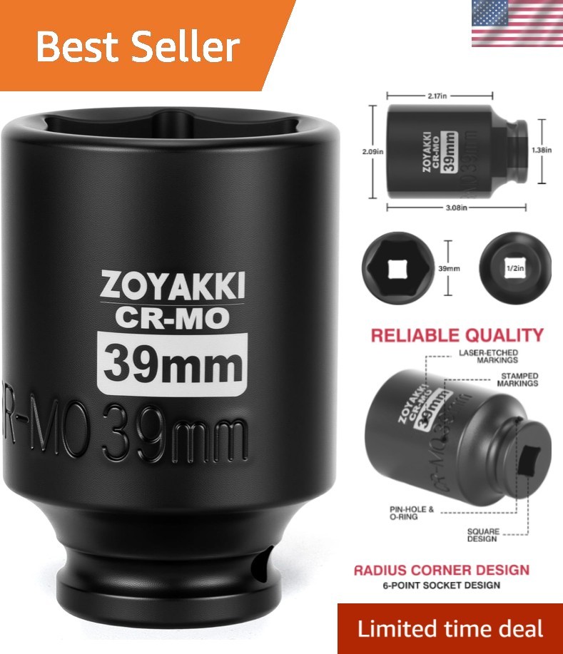 1/2″ Drive x 39 mm Deep 6 PT Impact Socket, CR-MO, 1/2-inch Drive 6 Point Axl…