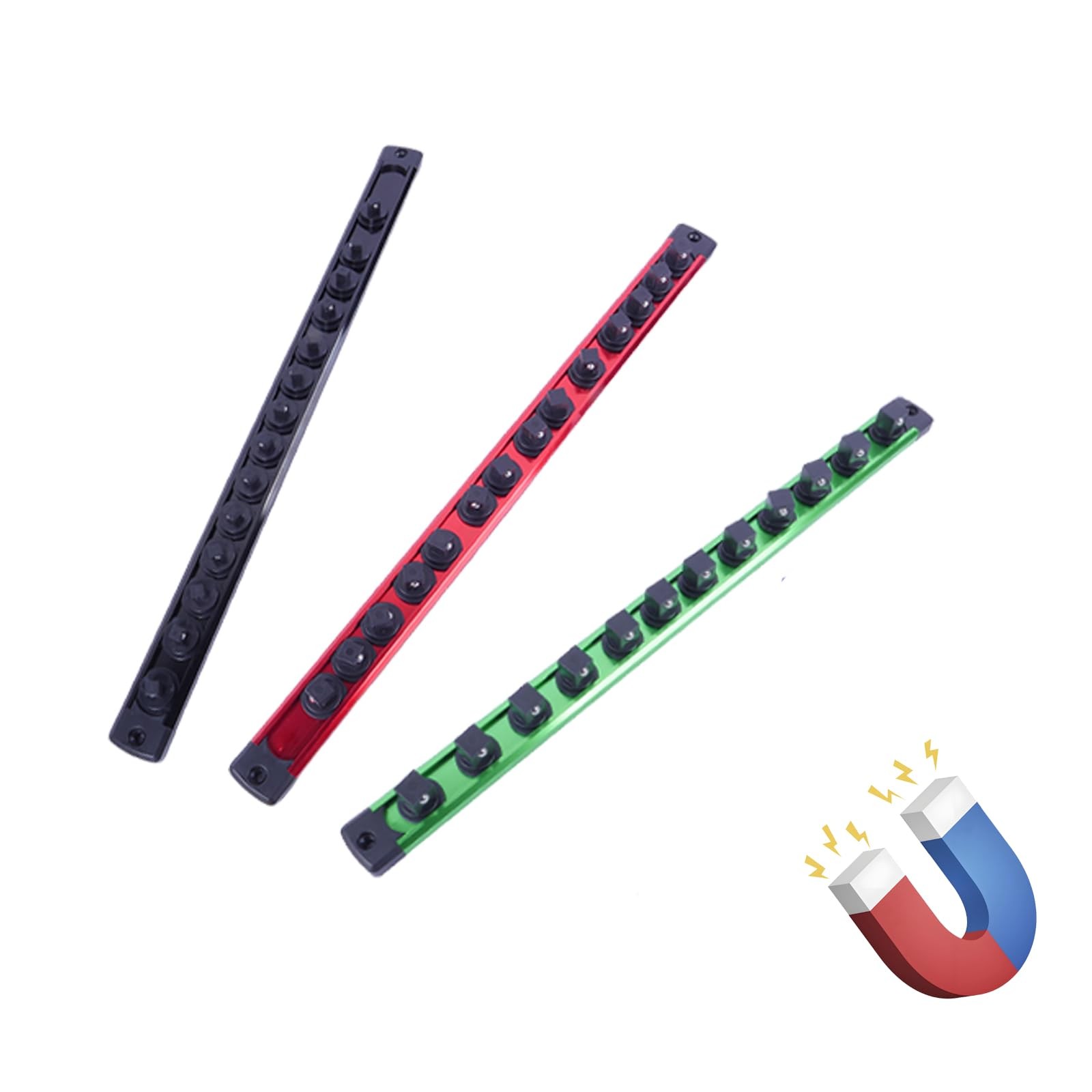 CXPRO Magnetic Socket Holder Organizer Set: 1/2 1/4 3/8(3PC）, Black Red Green