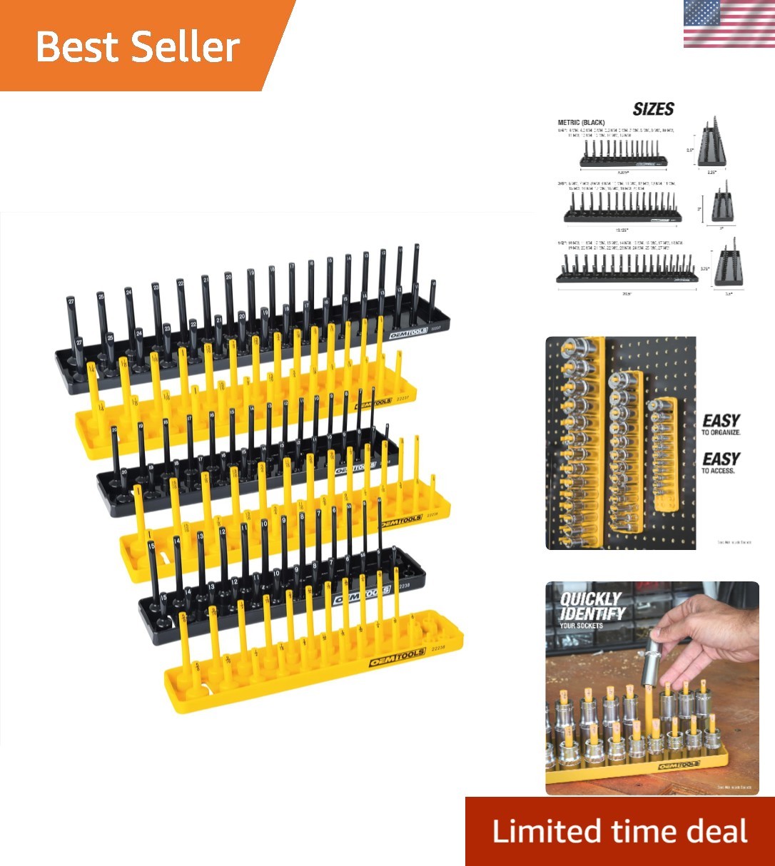 Brand New 6 Piece SAE and Metric Socket Tray Set in Black and Yellow