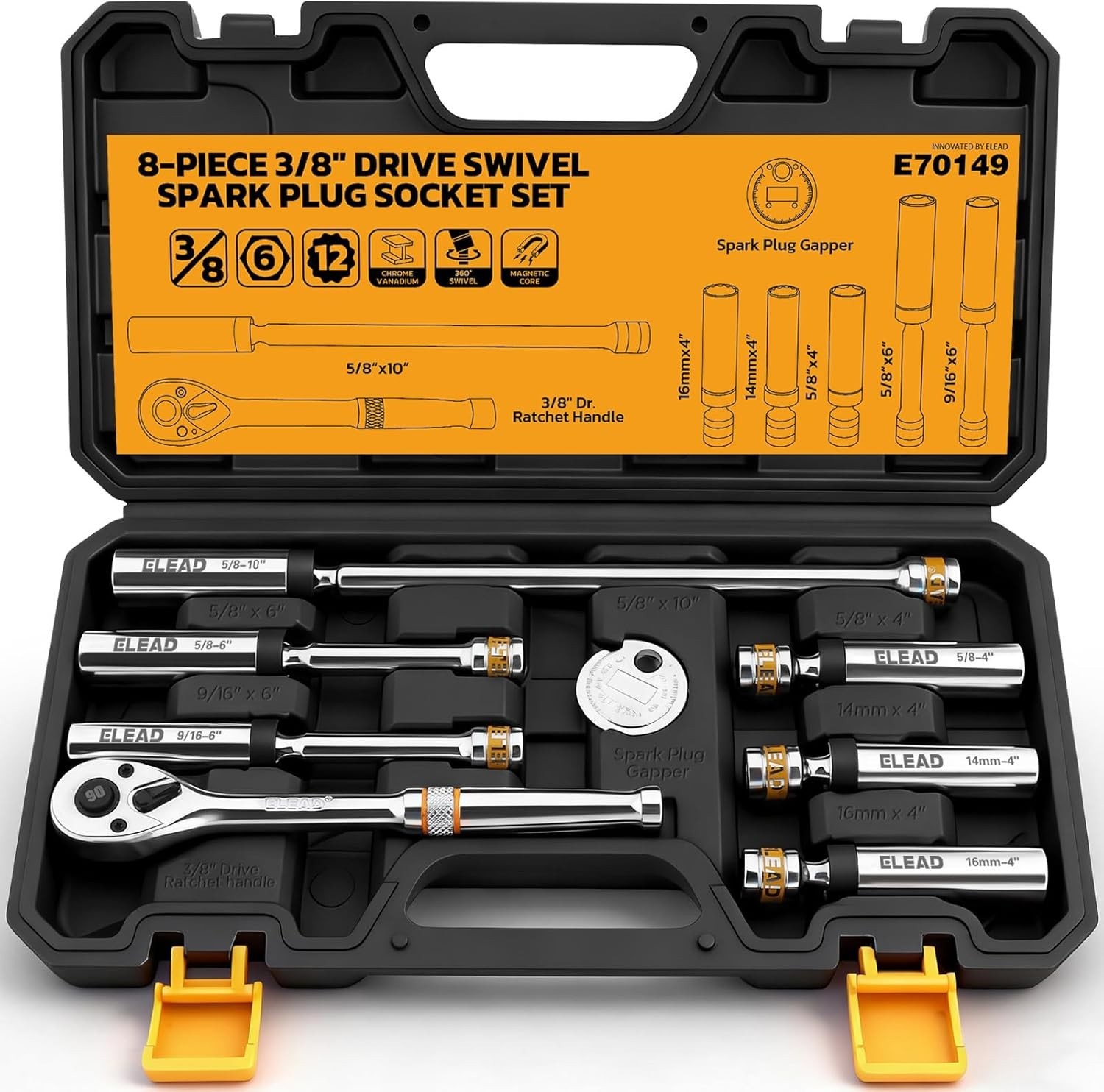 8Pc Magnetic Swivel Spark Plug Socket Set with Ratchet & Gapper Tool