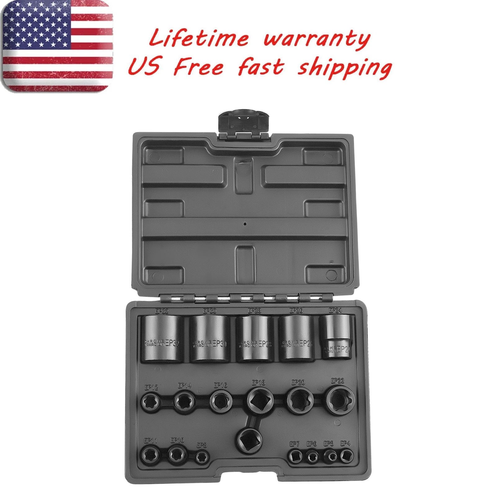 19 PC External Plus Socket Set 6 Point EP Socket EP4, EP5, EP6, EP7, EP8, EP10