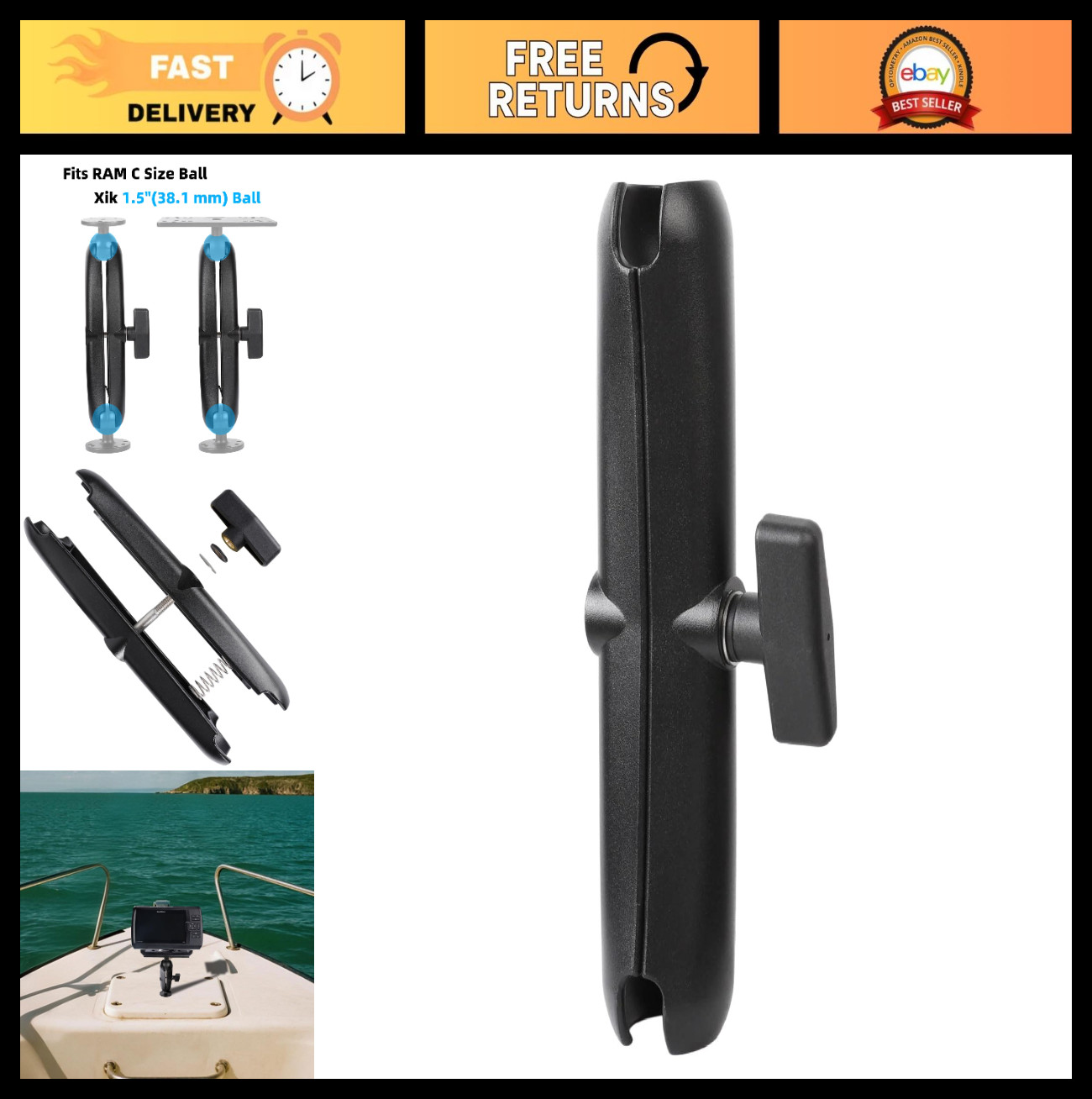 Heavy Duty 1.5″ Ball Double Socket Arm – 9.1″ Aluminum Extension for Marine Elec