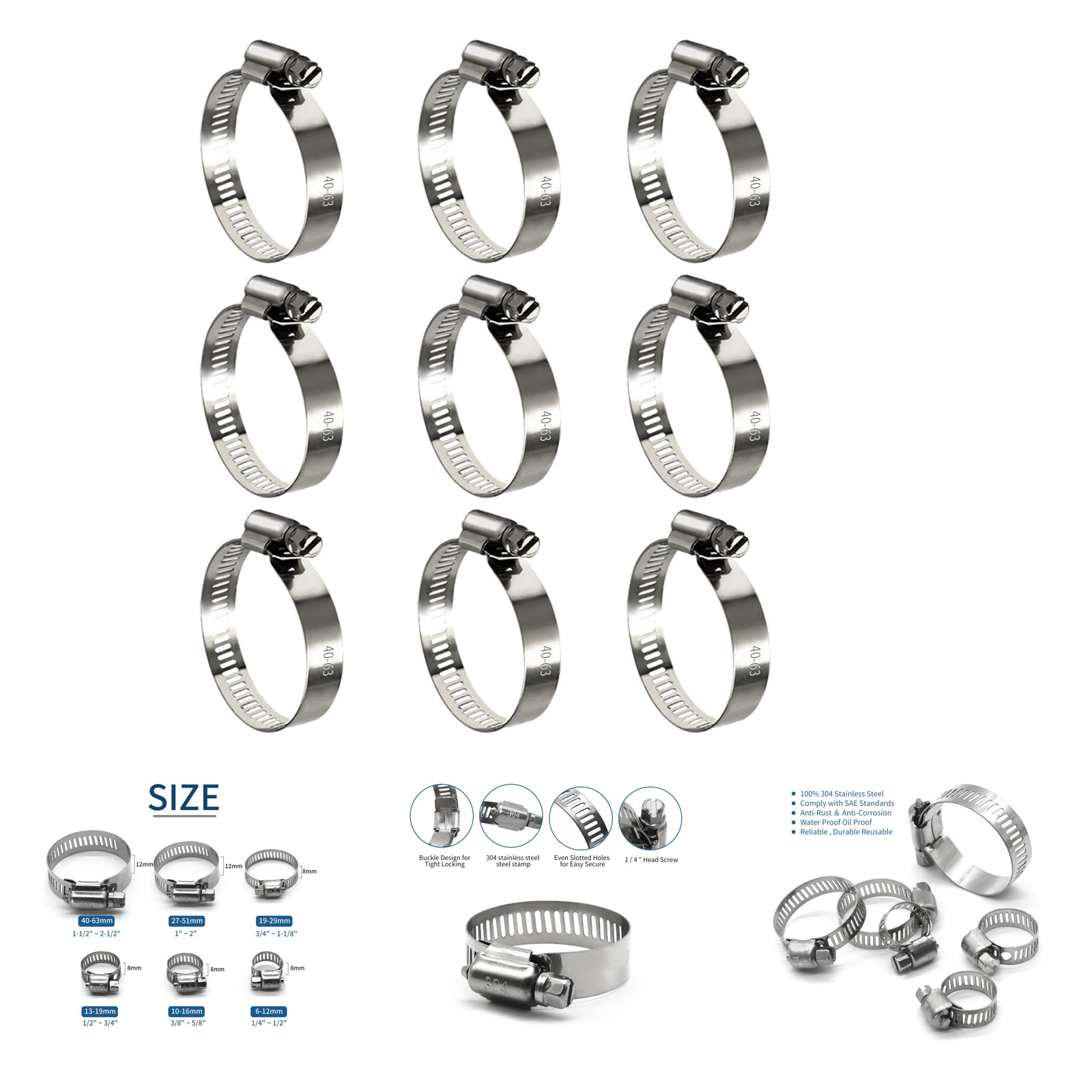 10 Pack Stainless Steel Hose Clamps 1-1/2 to 2-1/2 Inch Worm Gear Pipe Fuel Line