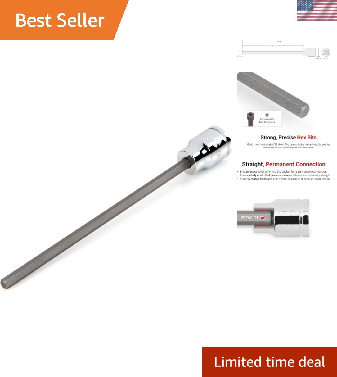 Reliable 3/8 Inch Drive Hex Bit Socket – 3/16 Inch Long, Extra-Durable S2 Steel