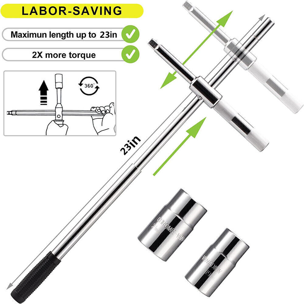 New Universal 23″ Extended Lug Wrench 4 Way Tire Iron Nut Wrench Set W/Socket US