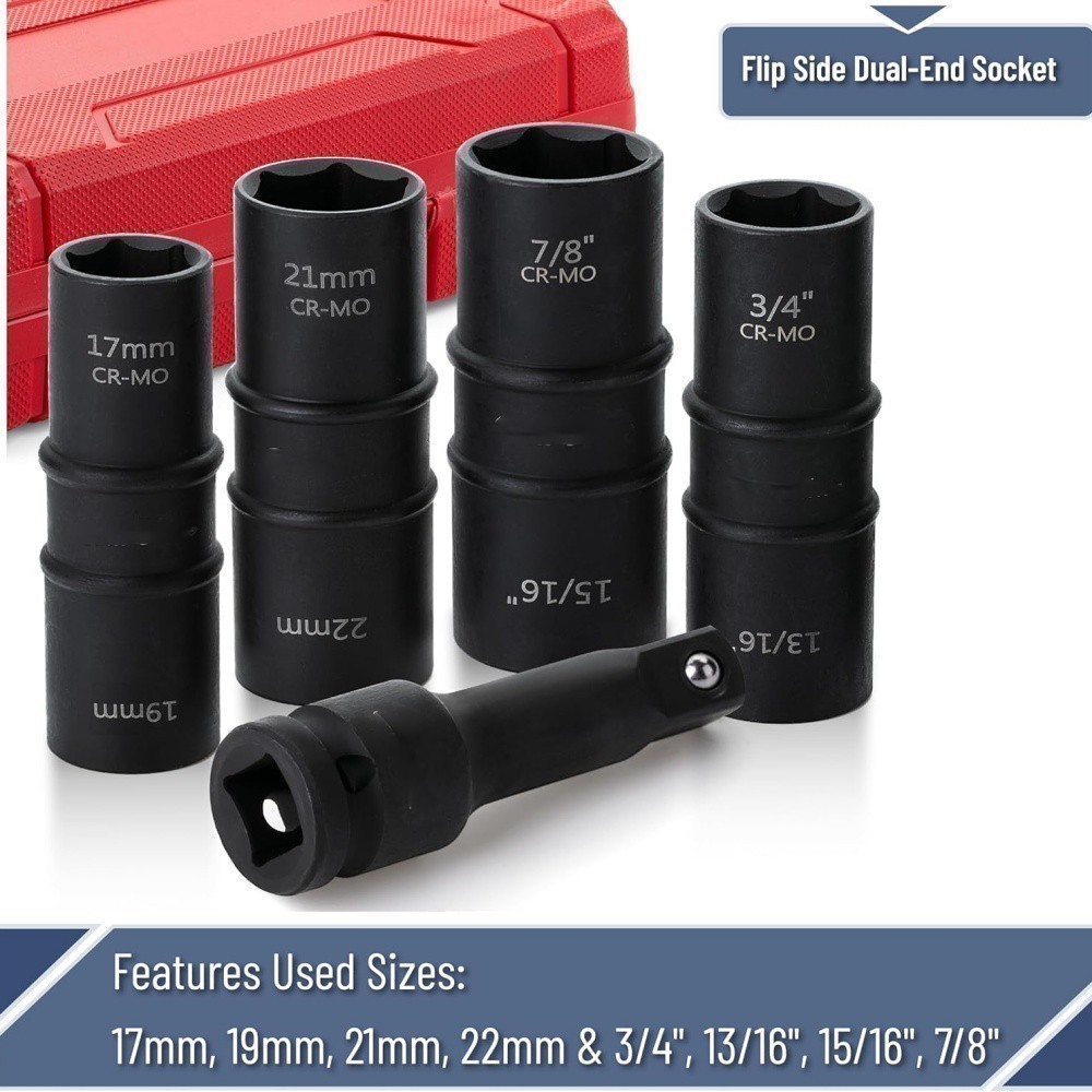 5PCS 1/2″ THIN WALL FLIP IMPACT SOCKET SET FOR AUTO RIMS TIRES LUG NUTS USA
