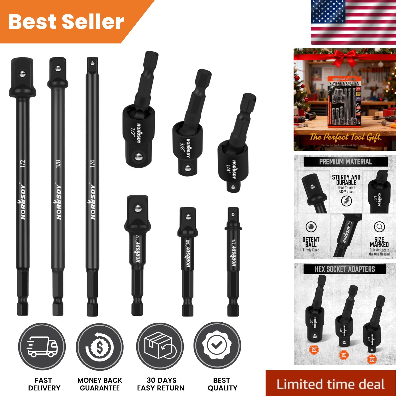 9-Piece Impact Drill Adapter Set – Compatible with 1/4″, 3/8″, and 1/2″