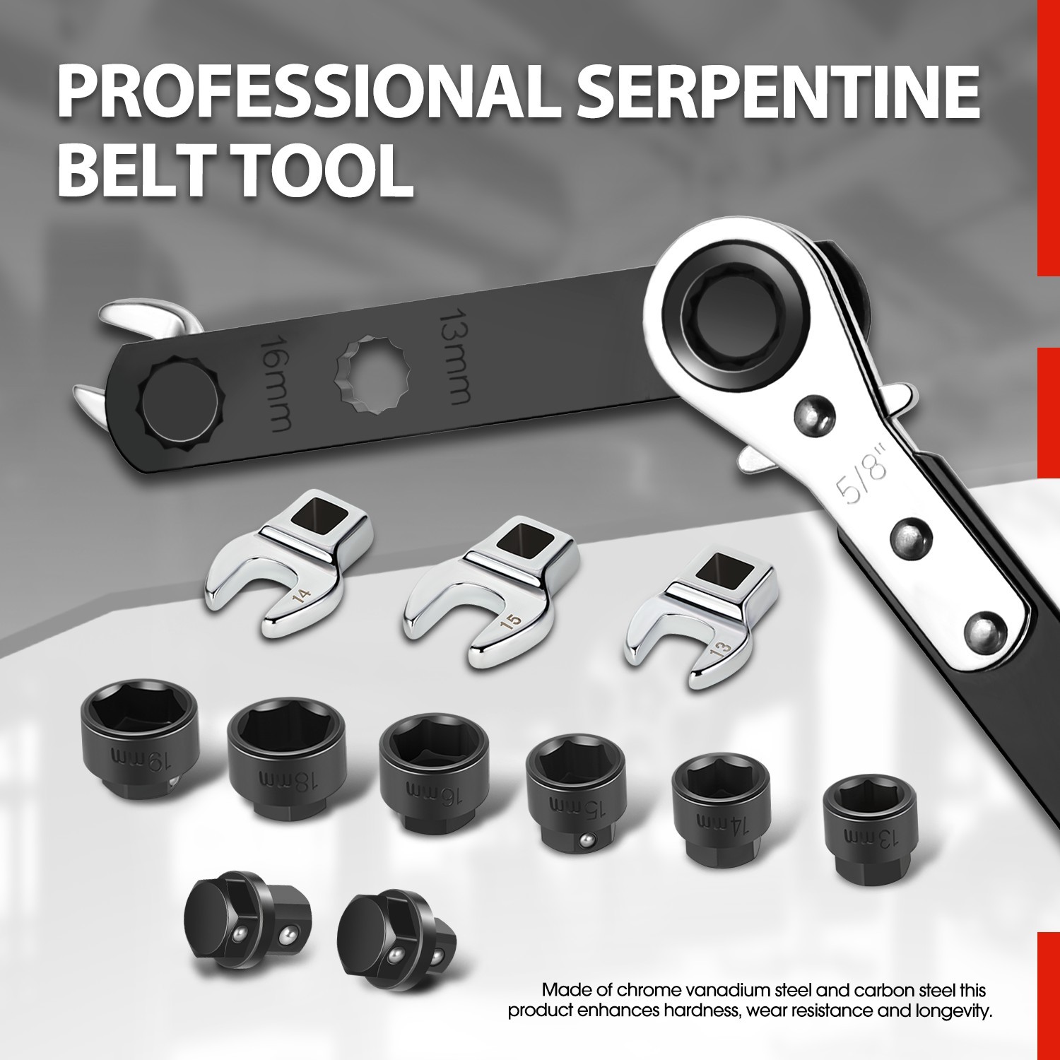 13Pcs Ratcheting Serpentine Belt Tool Set Removal Installation Tensioner Kit