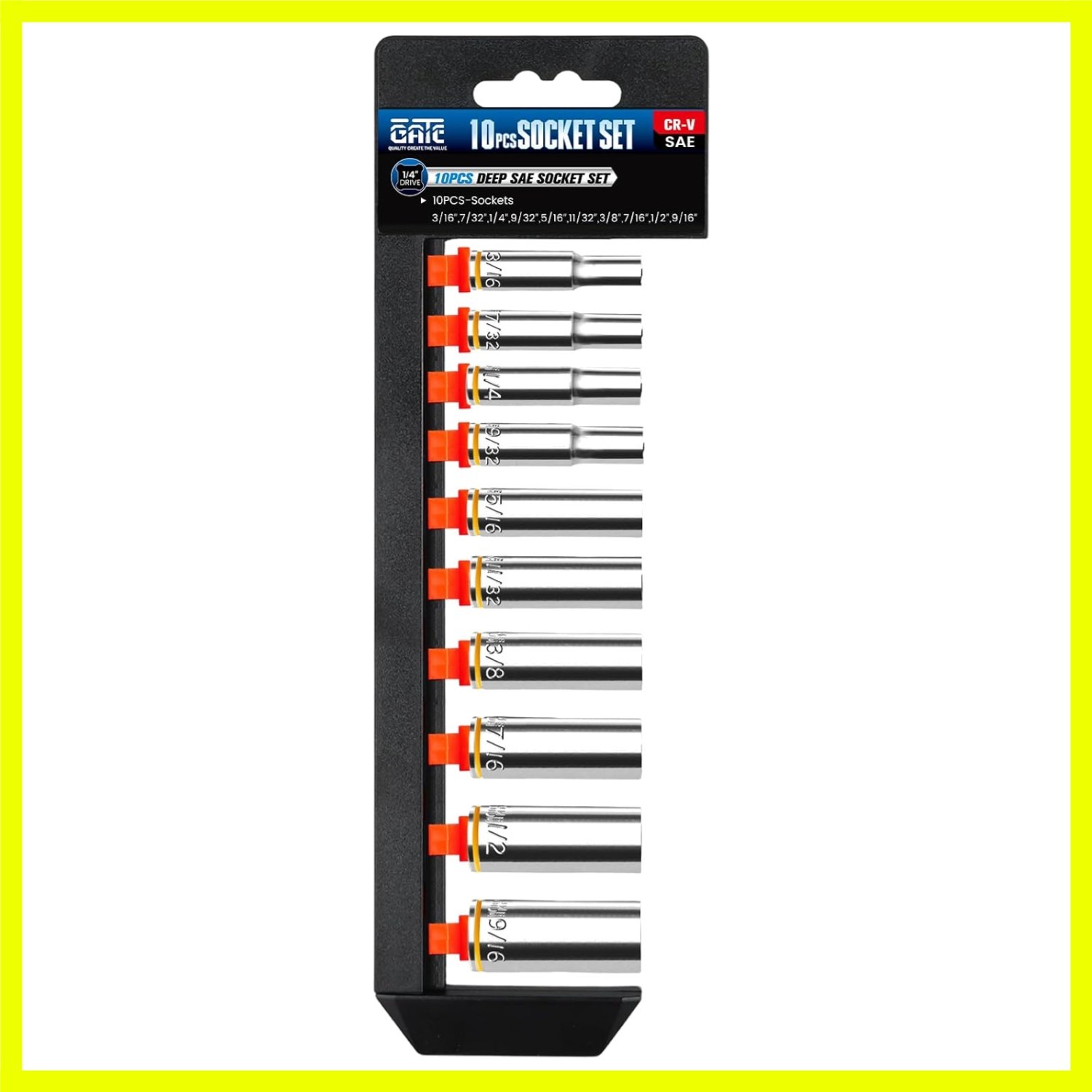 10PCS 1/4” Drive Deep Socket Set, SAE 3/16″-9/16″, 6-Point, Cr-V Steel, Chrom…