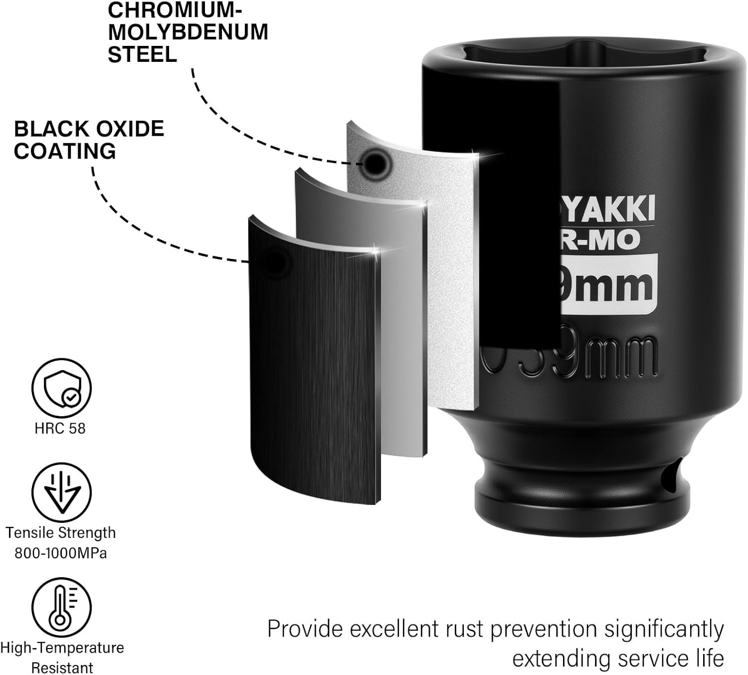 1/2″ Drive x 39 mm Deep 6 PT Impact Socket, CR-MO, 1/2-inch Drive 6 Point Axl…
