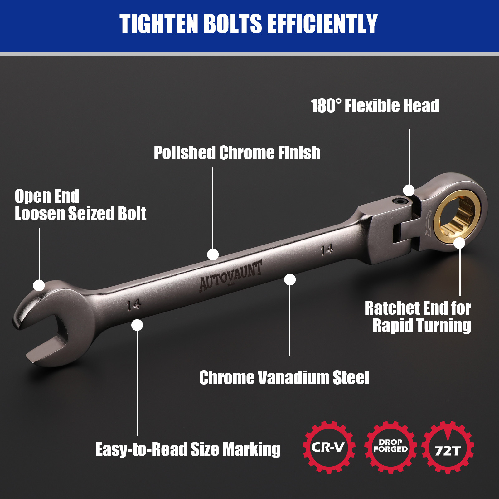12PCS Ratcheting Wrench Set Flexible Head 8-19mm Metric Spanner Tool Combination
