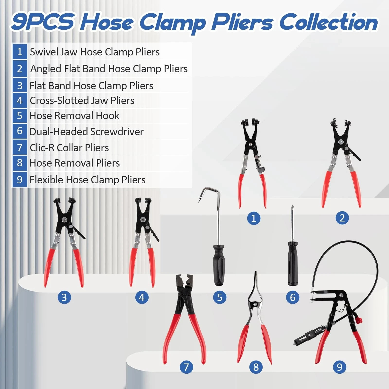 9Pc Hose Clamp Clip Remover Pliers Long Reach Kit Fuel Water Hose Tool