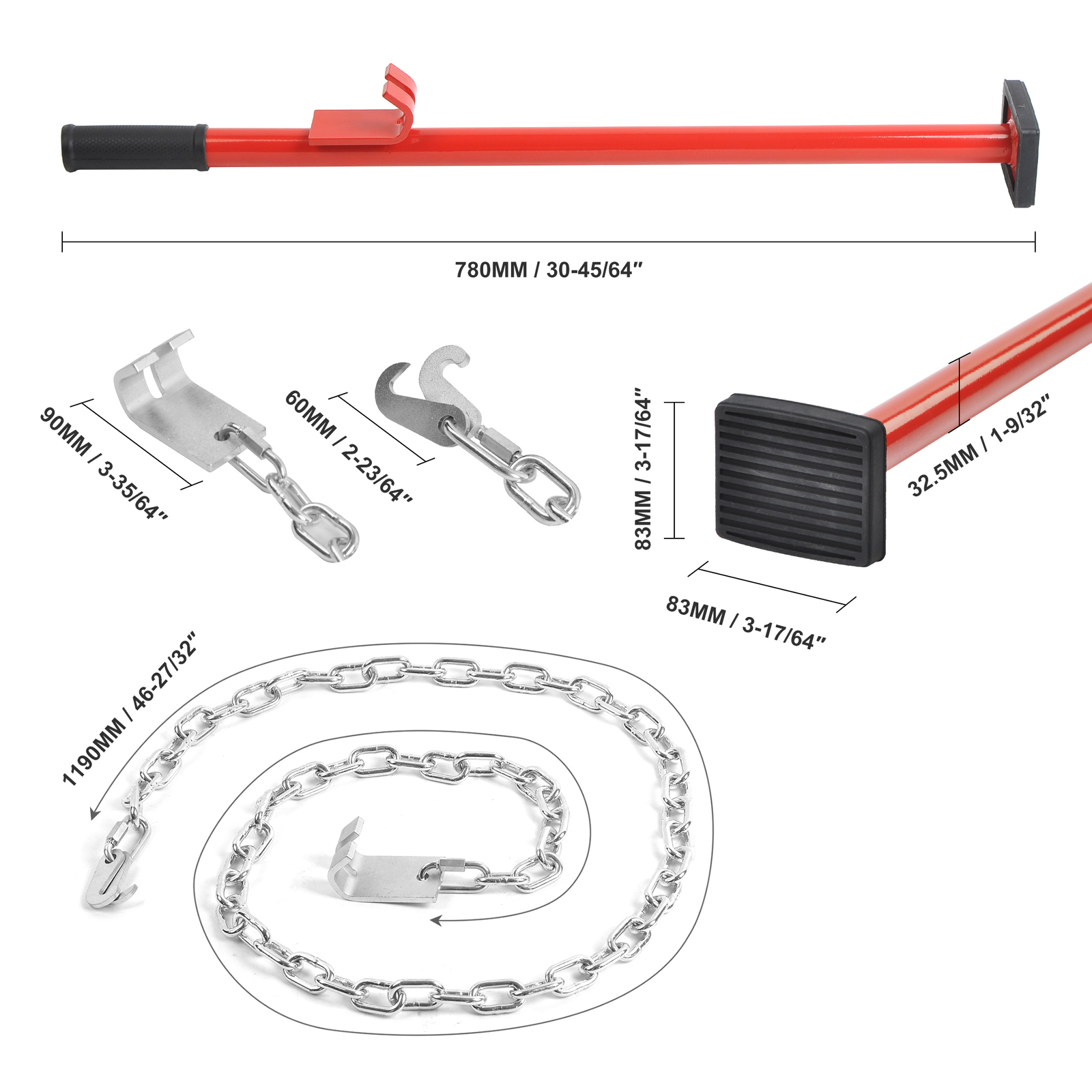 Pulling Stick Body Kit-Car Panel Bumper Alignment Repair Tool 6ft chain, J-hooks