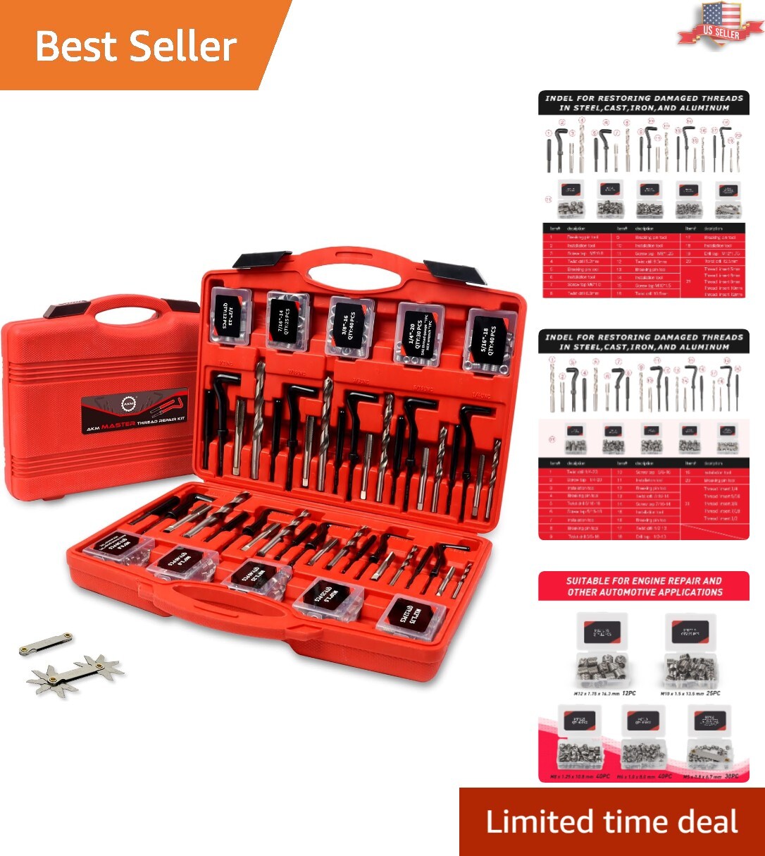 Complete Engine Repair Kit: 338-Piece HSS Drill Helicoil Set with Thread Gauge