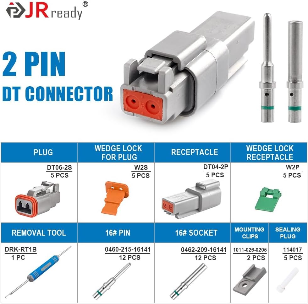 JRready Deutsch Connector 2 Pin Kits with Size 16 DT-2Pin 5Pairs