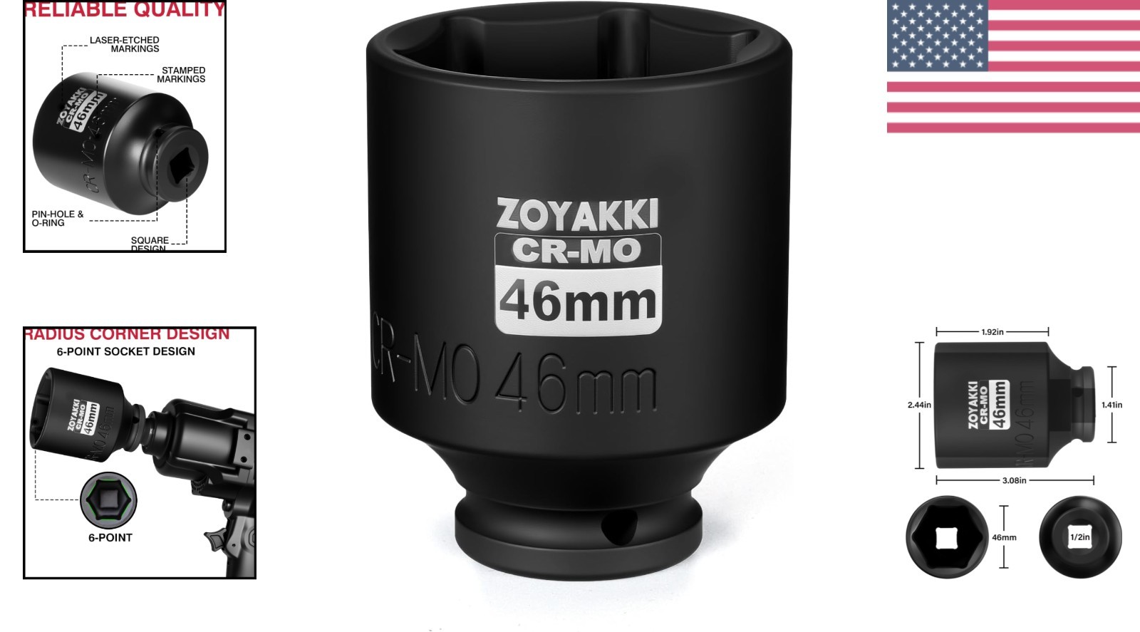 High-Precision 46mm 1/2 Inch Drive Impact Socket with Laser-Etched Markings