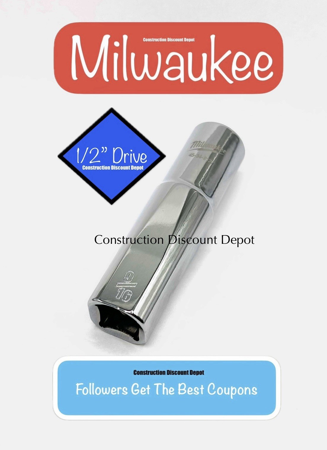 Milwaukee 9/16″ in. 1/2″ in. Drive SAE 6 Point Standard Deep Socket 45-34-9127