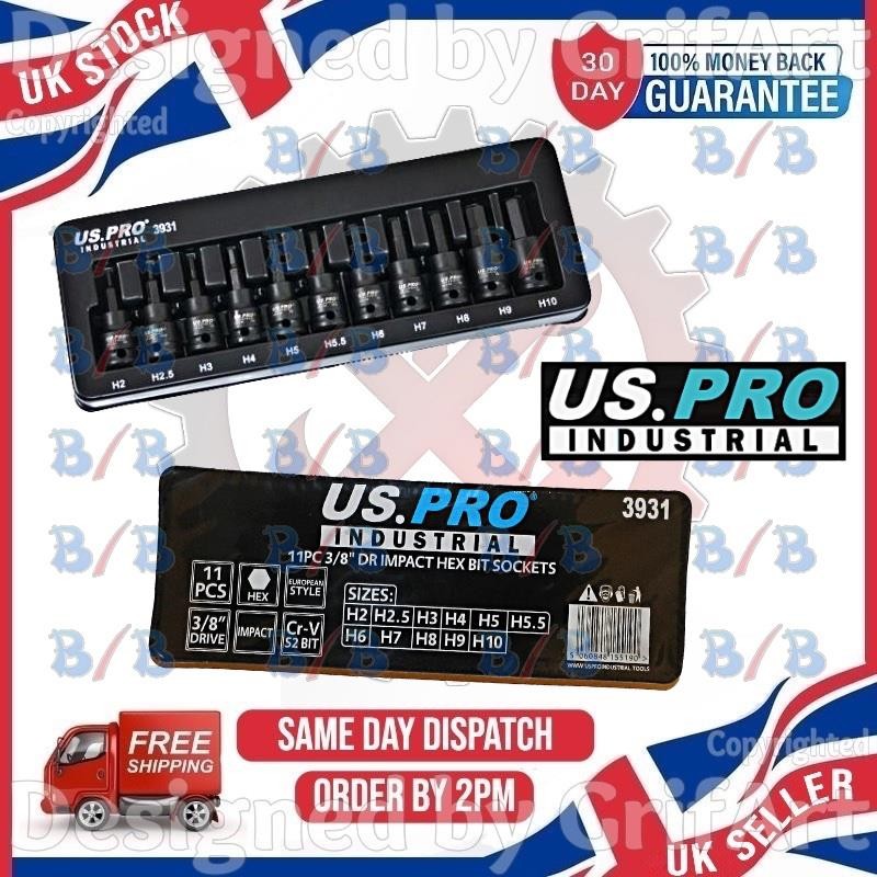 USPRO INDUSTRIAL 11PC 3/8″ DRIVE IMPACT HEX SOCKET BIT SET H2 – H10 ALLEN KEY