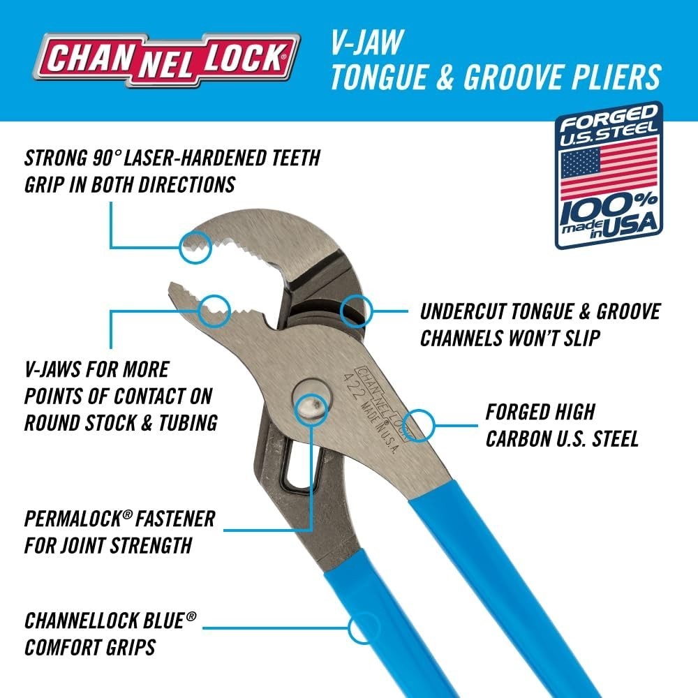 NEW 9.5″ Channellock 422 Curved V-Jaw Tongue & Groove Pliers 1.5″ Jaw Capacity