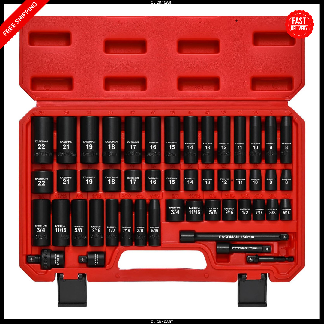 3/8 In. 49 Piece CASOMAN 6 Point Impact Socket Ratchet Drive and Metric Set