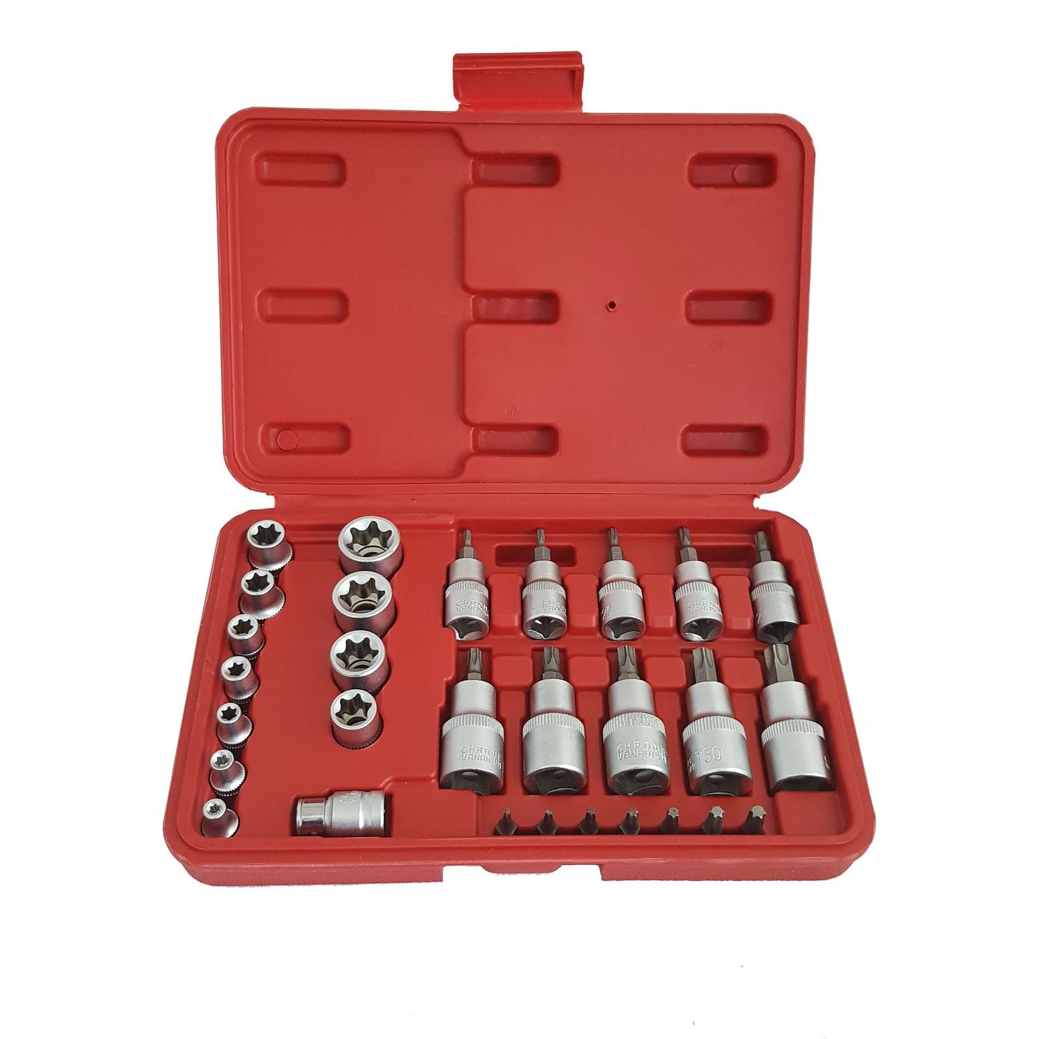 30pc Torx Sockets Bit Set Female Star E-torx Bits 1/4″ 3/8″ 1/2″ with Case