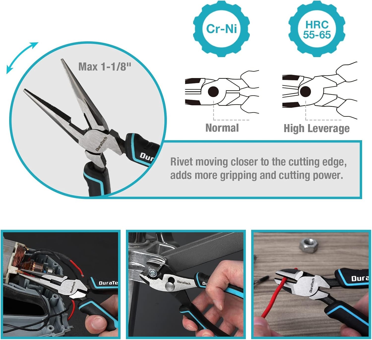 DURATECH 5-Piece Cr-Ni Pliers Set, 6″ Long Nose, Slip Silver, Blue, Black