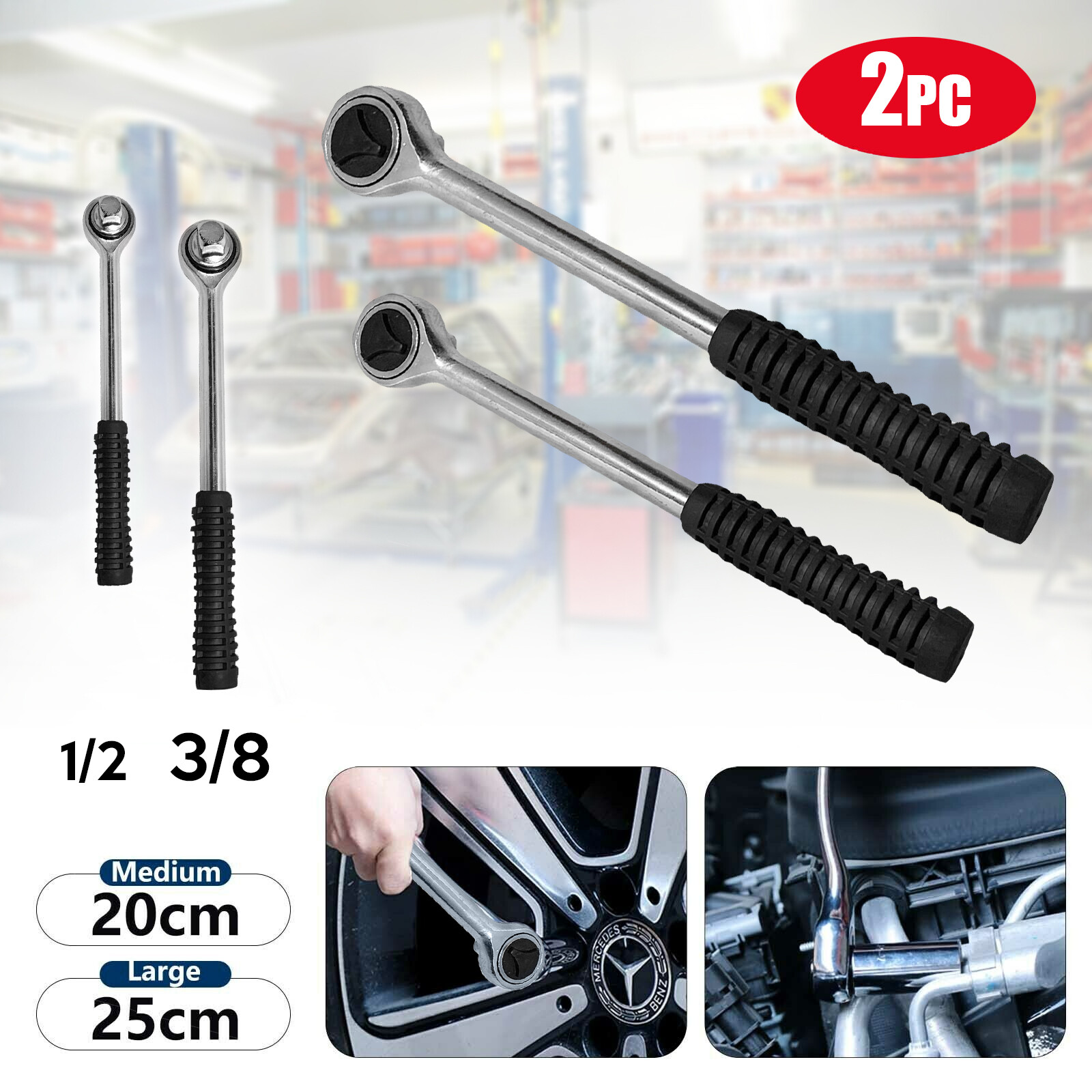 2PC SUPER HEAVY DUTY QUICK RELEASE RATCHET HANDLE SET 3/8″ 1/2″ DR CARBON STEEL