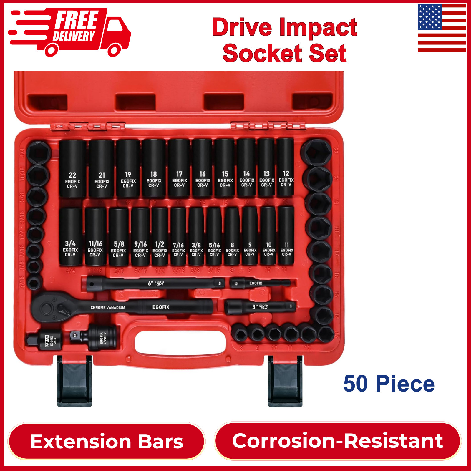 3/8″ Drive Impact Socket Set, 50 Piece Standard SAE (5/16 to 3/4 inch) & Metric