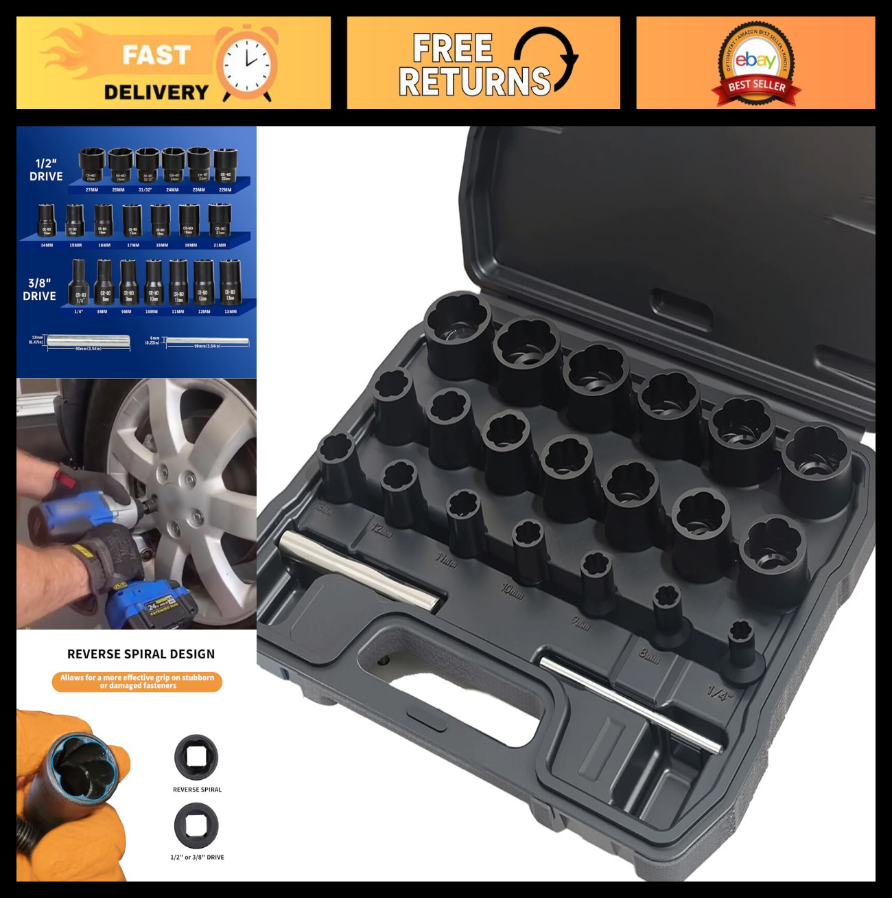 22pcs Metric Bolt Nut Extractor Set 8-27mm, Impact Lug Removal Tool Kit, Strippe