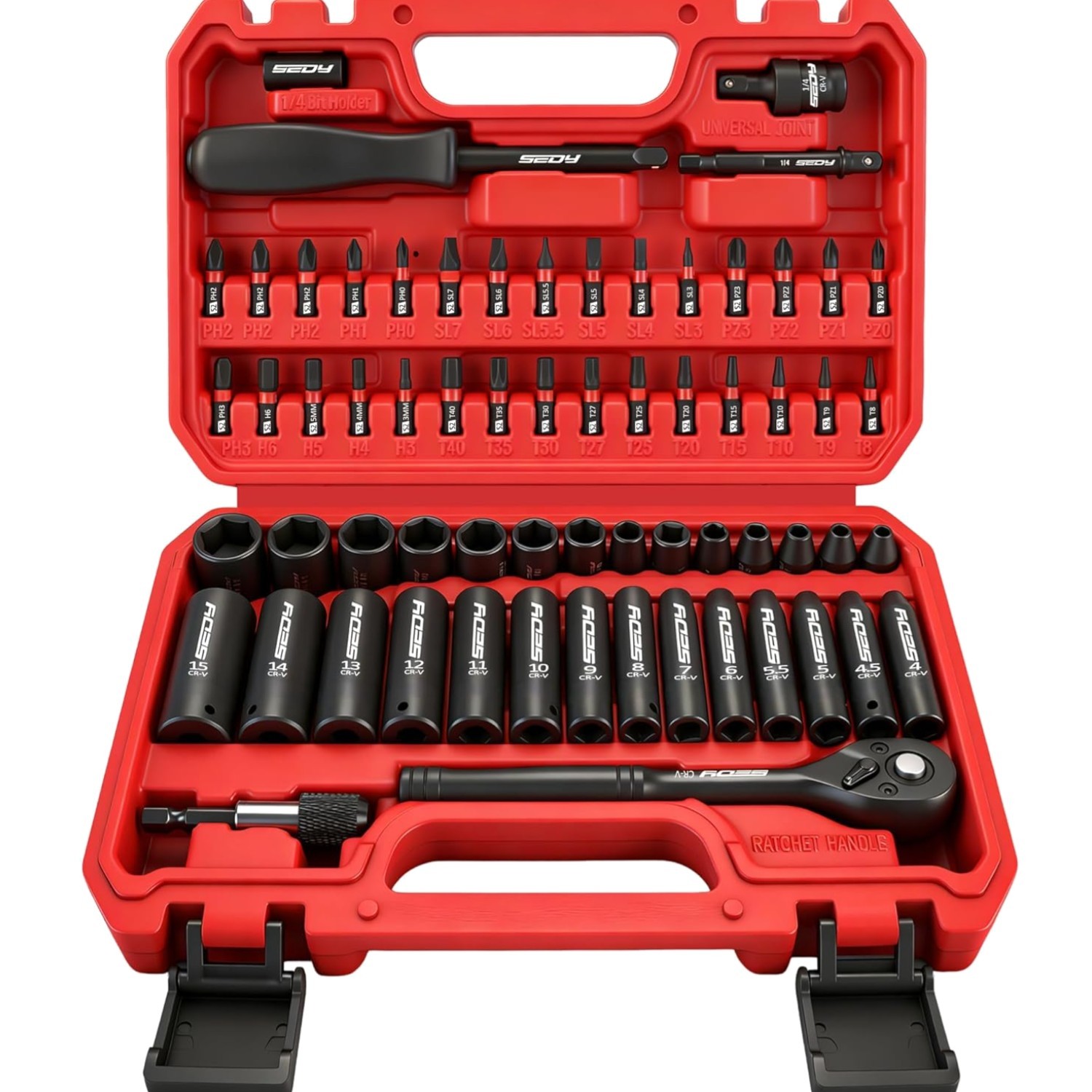 64-Piece 1/4″ Drive Impact Socket Wrench Driver-Bits Set, Cr-V Metric&SAE Dee…