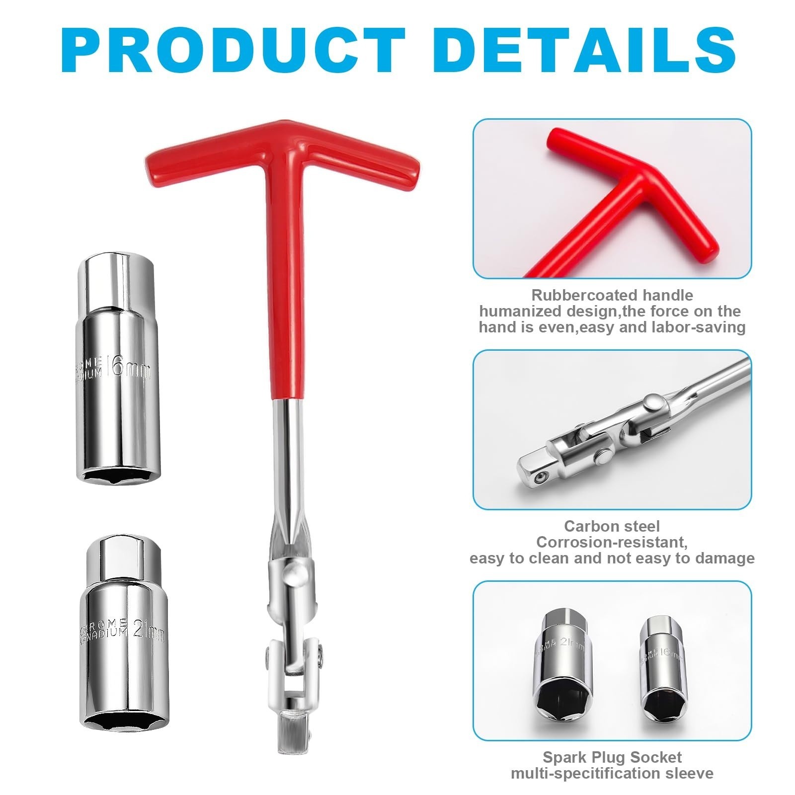 3Pcs Spark Plug Socket Wrench Set T-Handle Universal 5/8″ 13/16″ Remover Tool