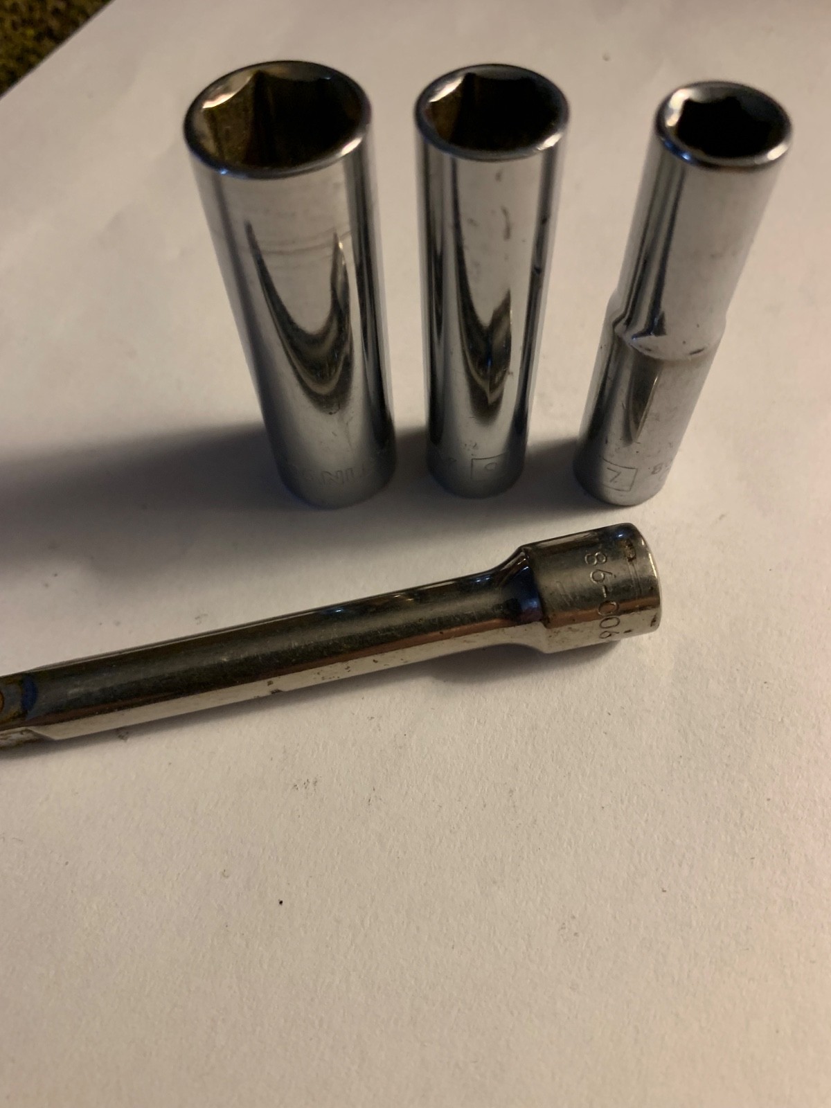 4 Pcs. Stanley 1/4″ Drive deep well Sockets, Metric 7, 9, 11mm and 3” Extension