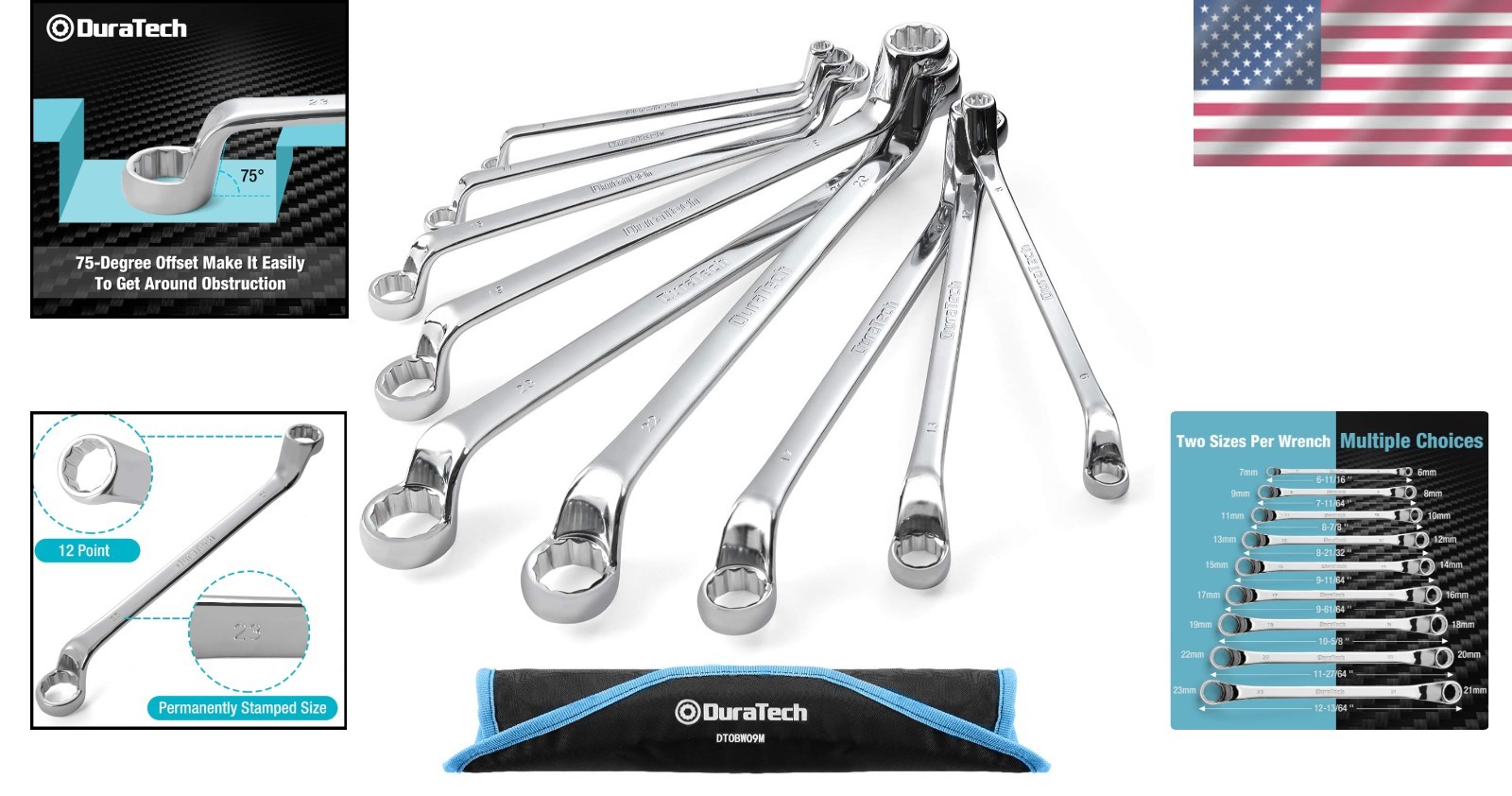 DURATECH 9-Piece Offset Box Wrench Set, Metric, CR-V Steel